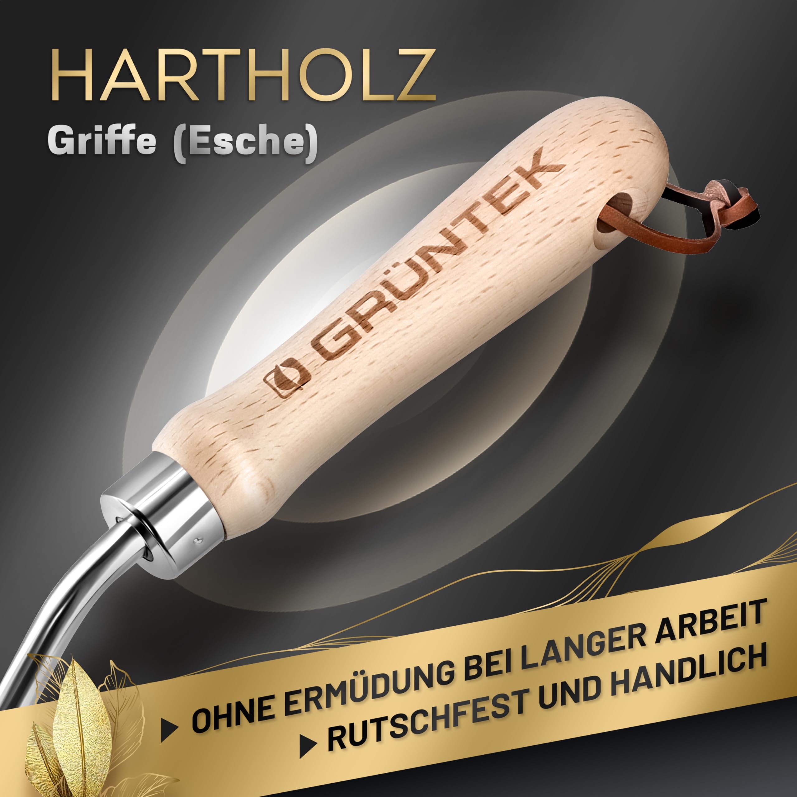 GRÜNTEK 4-TLG Gartenwerkzeug-Set, Premium Gartengeräte, besonders Stabiler Edelstahl, Rutschfester Eschenholz Griff, Garten-Kelle, Gabel, Multi-Unkrautjäter, Fugenstecher, Garten Werkzeug Satz