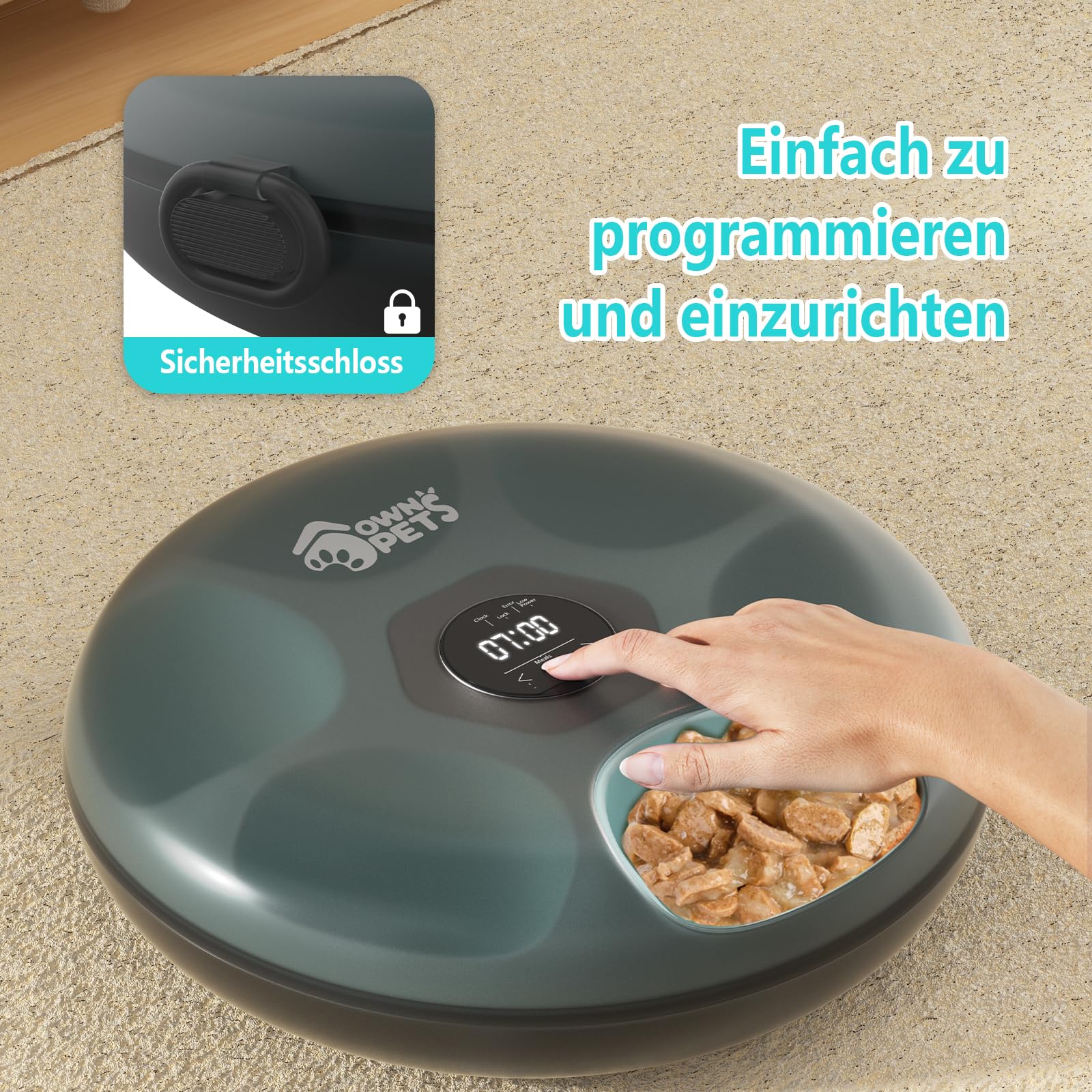 Ownpets 6 Mahlzeiten Automatischer Katzenfutterautomat für Nass-/Trockenfutter, mit 2 Kühlakkus, programmierbarer zeitgesteuerter Tierfutterautomat, Auto Feeder für Katzen,kleine Hunde