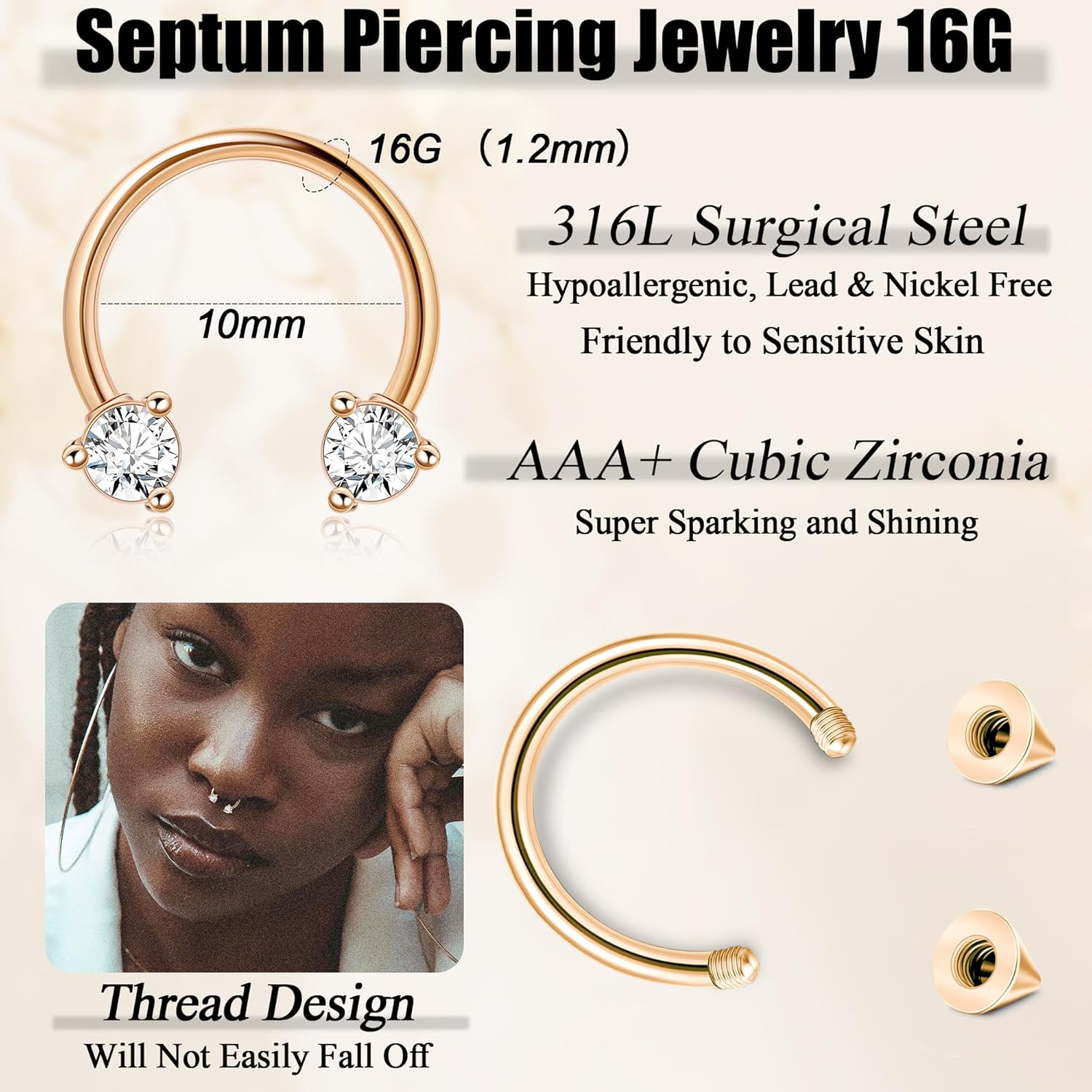 6Pcs 16G Surgical Steel Septum Rings for Women Men Horseshoe Septum Nose Rings CZ Cartilage Helix Earrings Hoop Star Heart Septum Piercing Jewelry 10mm - Image 4