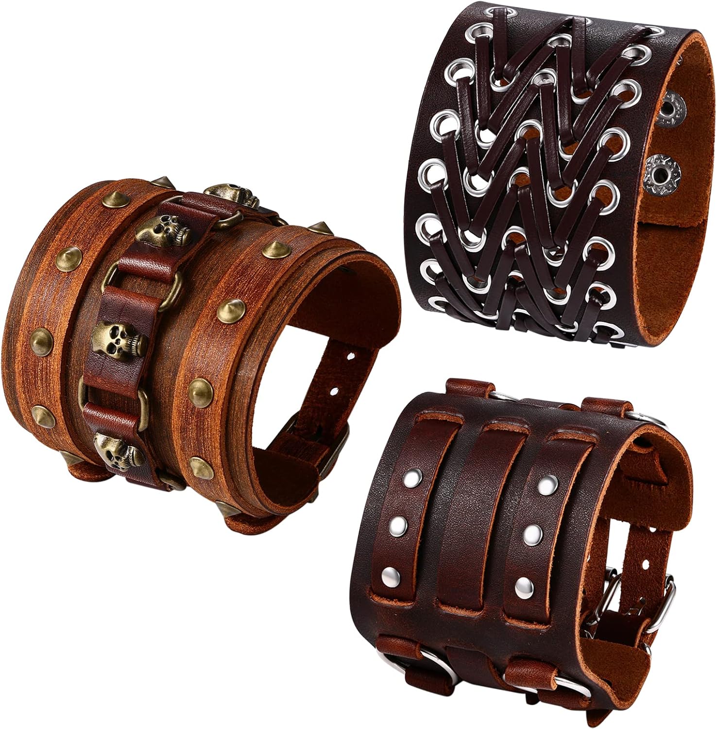 Aroncent 3PCS Spike Studded Bracelet: Rock Biker Wide Strap Bracelet Set Adjustable Spiked Leather Cuff Bracelet Goth Punk Accessories Valentines Day Halloween for Men Women