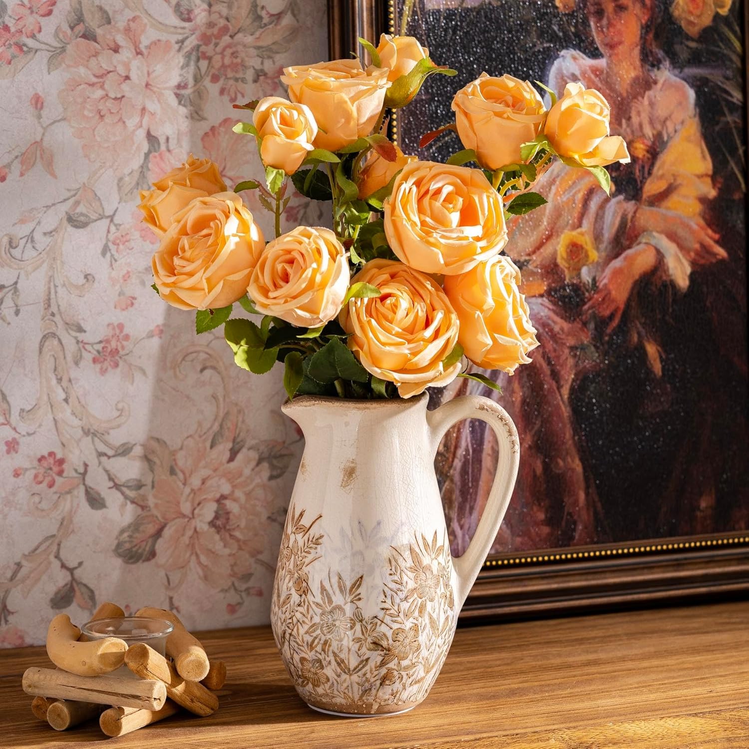 Purple and Borwn Floral Vintage Vase with Handle, French Country Floral Pitcher Vase, Rustic Ceramic Farmhouse Vases for Home Decor, Living Room, Bookshelf, Grand Millennial Tuscan Decor 8.7 in - Image 6