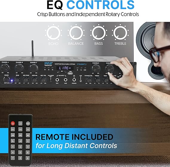 Pyle Home Audio Amplifier with Bluetooth - 6 Channel 600 Watt Peak Power, Karaoke with Echo, 2 Mic Input with Talkover, Headphone In, USB A MP3 Player with SD Reader - Home, Commercial, Worship