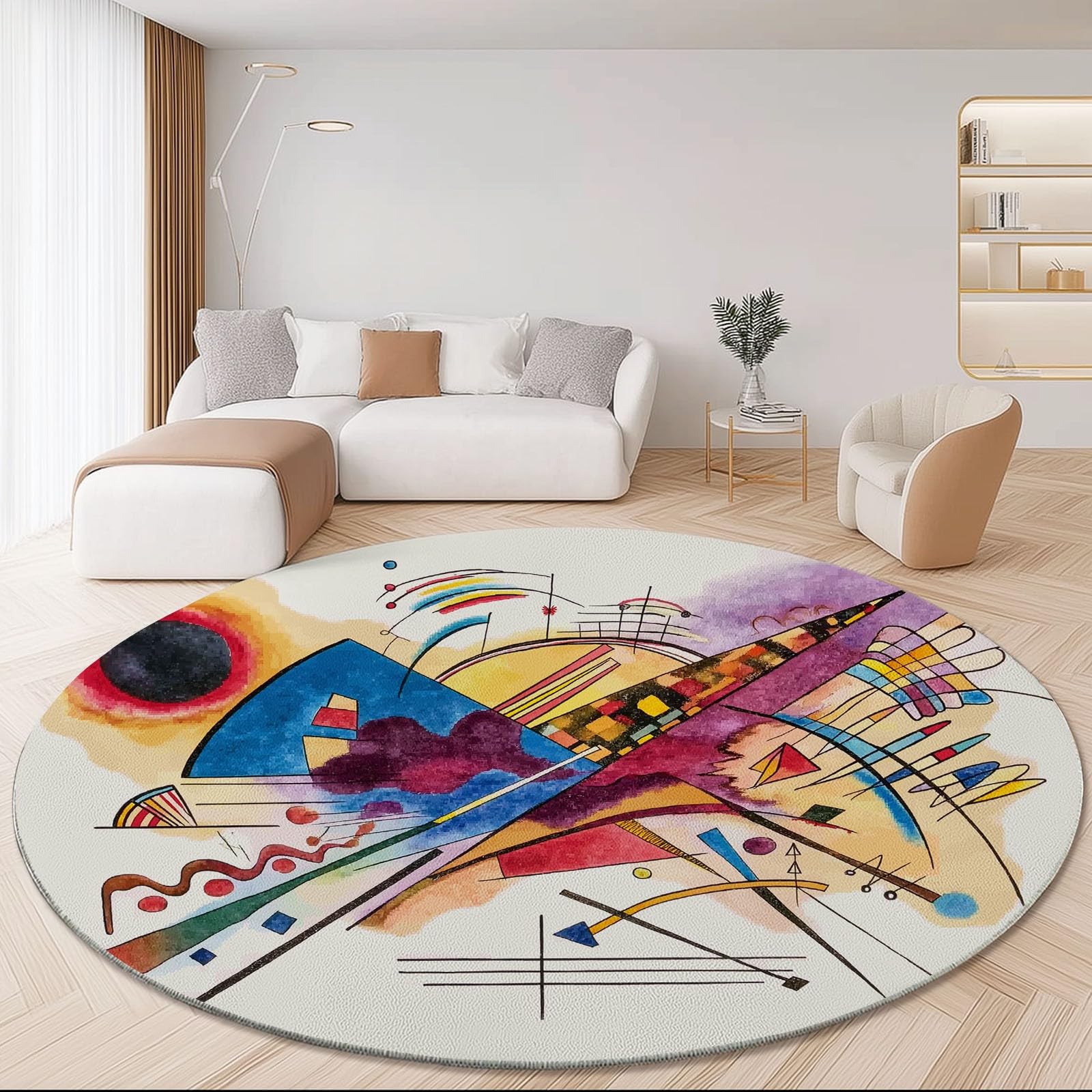 Tappeto Rotondo 210 cm, Morbido, Lavabile, colorato, con Stampa di Simboli Astratti e frecce, Antiscivolo, Leggero, Ideale per Soggiorno, Sala da Pranzo, Cucina, Camera da Letto e