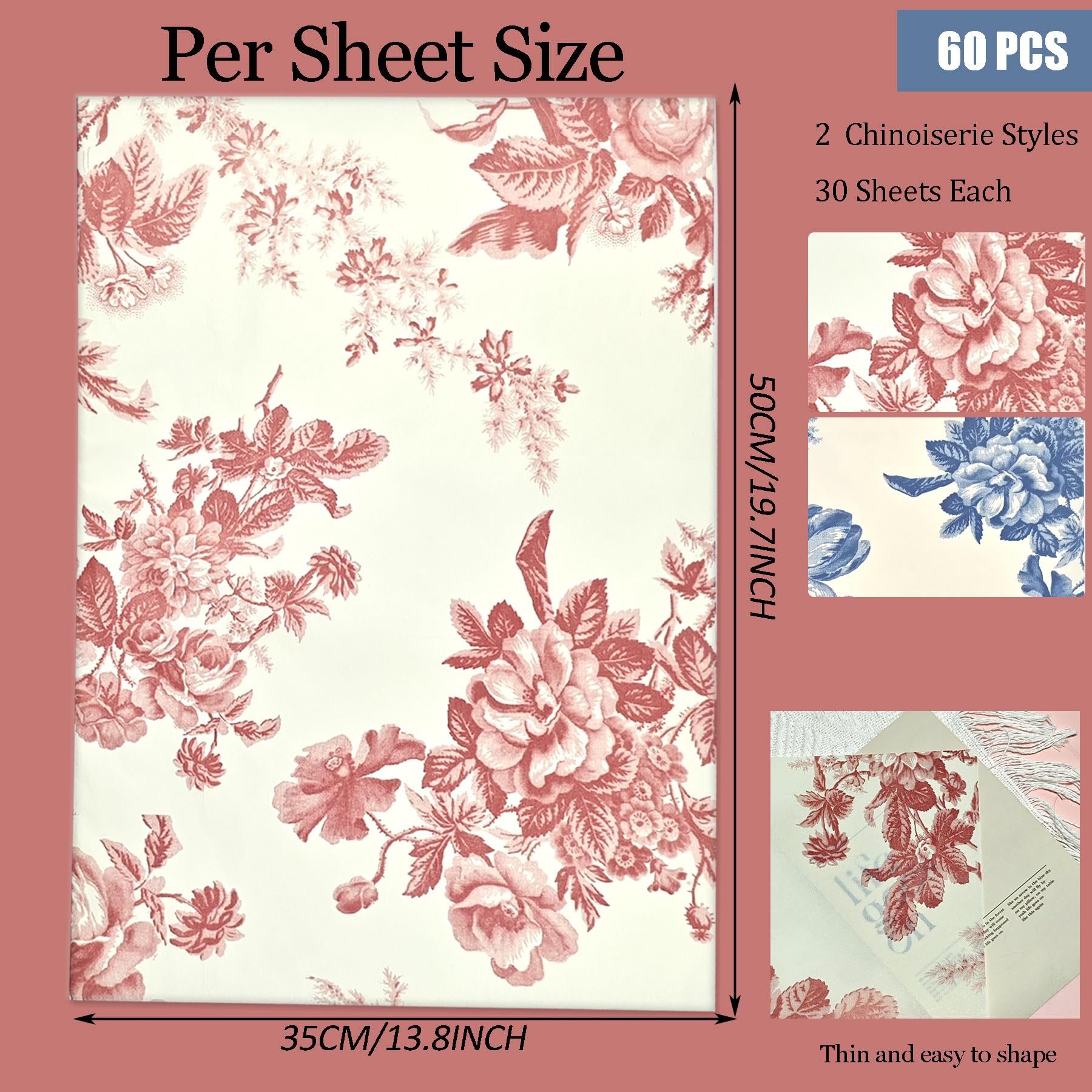 LIAPAWPAW 60 arkuszy papieru piwonii, vintage, kwiatowy prezent, bibułka, do pakowania torebek prezentowych, niebieski i czerwony, elegancki kwiatowy papier do pakowania prezentów, na ślub, urodziny,