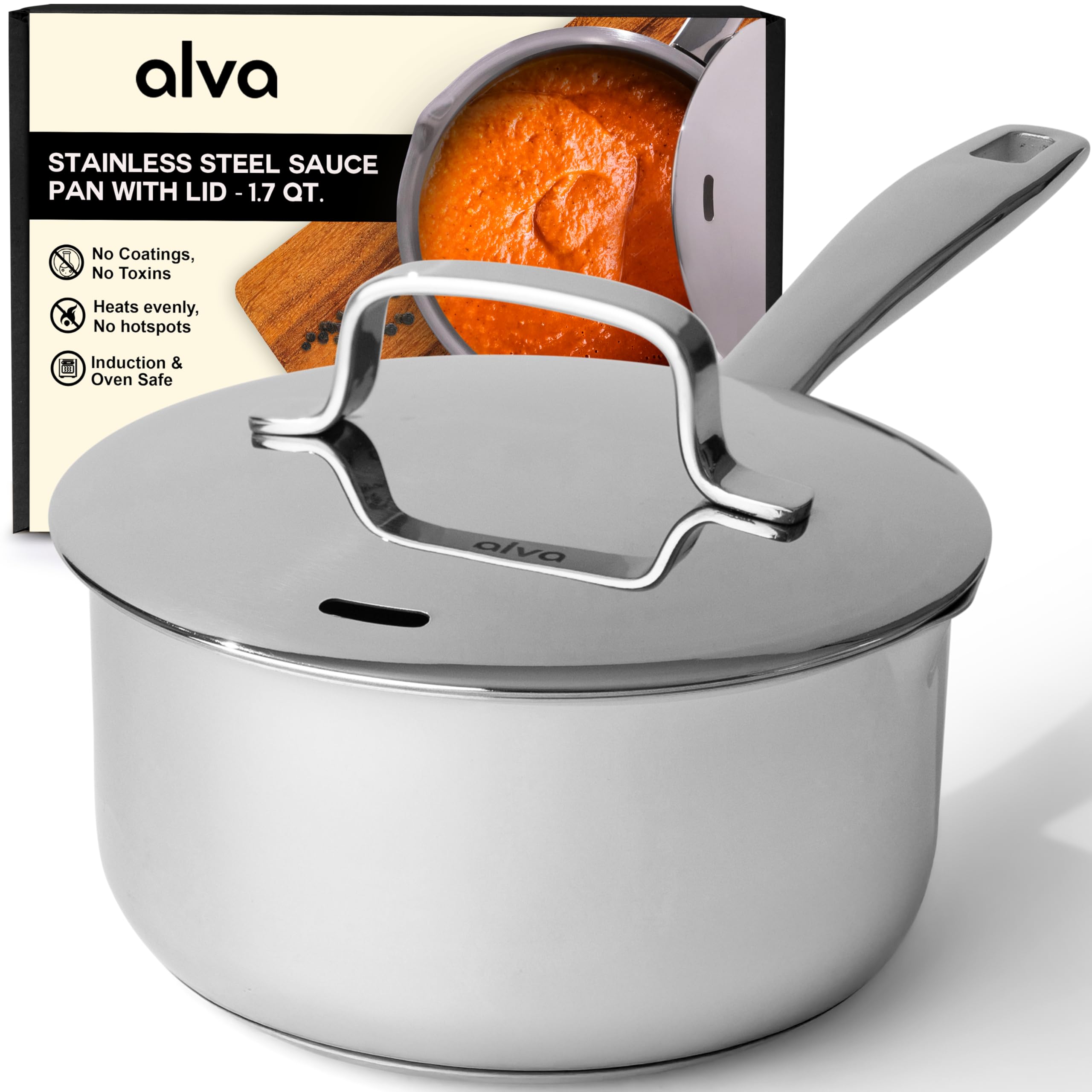 Alva Maestro 2 Qt. Stainless Steel Saucepan with Lid, Non-Toxic PFAS/PFOA/PTFE-Free, Even Heating with No Hot Spots, Stay-Cool Handle, Easy-to-Clean w/Pour Spout, Durable Induction & Oven Safe Pot