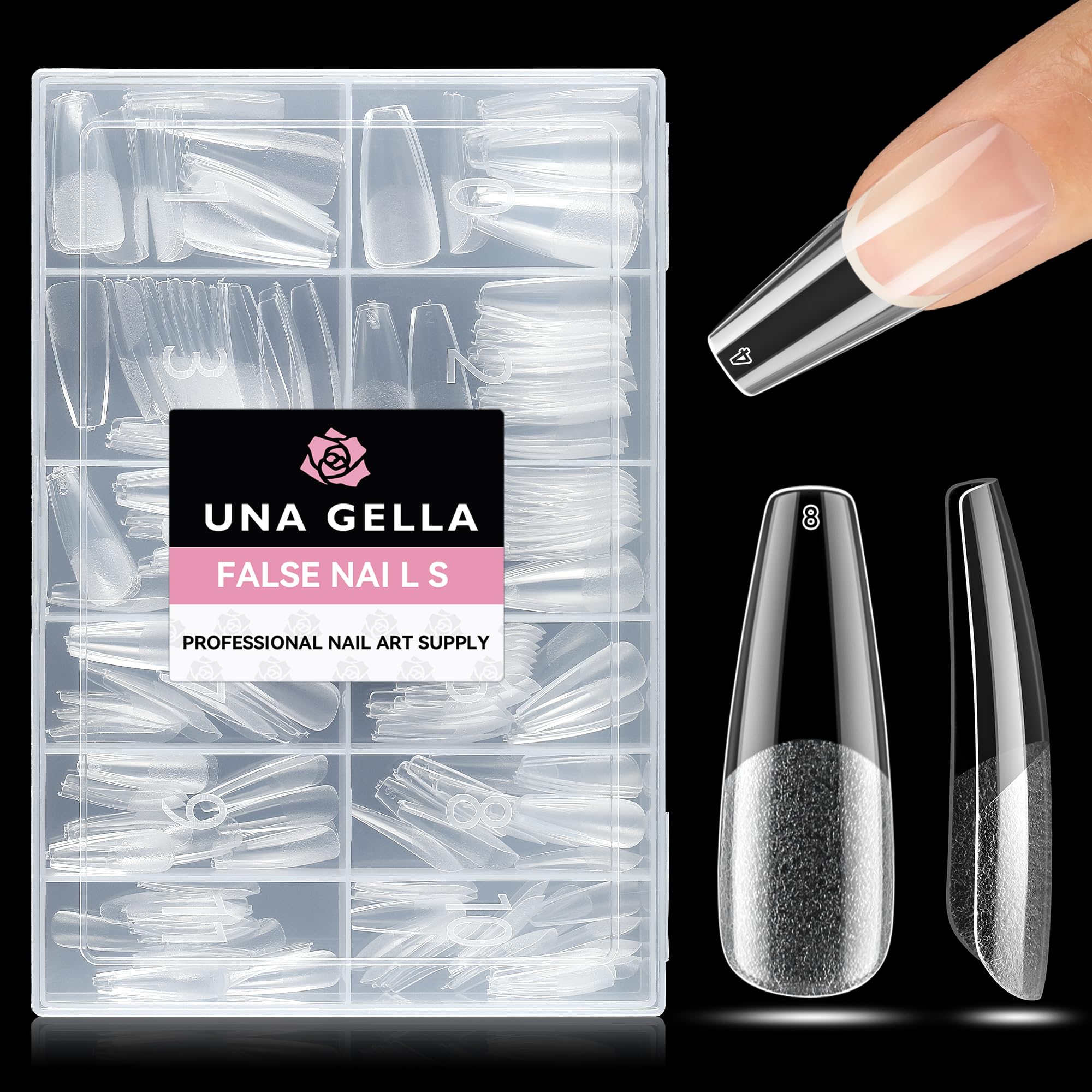 UNA GELLA Coffin Fake Nails 200 PCS Long Press On Nails Clear Acrylic Nail Tip XL Coffin Shape Ballerina Full Cover Nails Tip False Artificial Tip with Box For DIY and Salon Use 12 Sizes