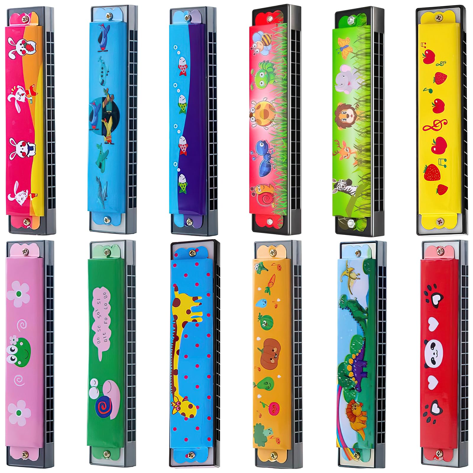 12 Styles Harmonica for Kids Birthday Party Favor, 2024 NEW Lightweight Cartoon Harmonicas with Double Row of 16 Holes, Party Favour for Student Motivational Gift, Kids Beginner Musical Instrument Toy