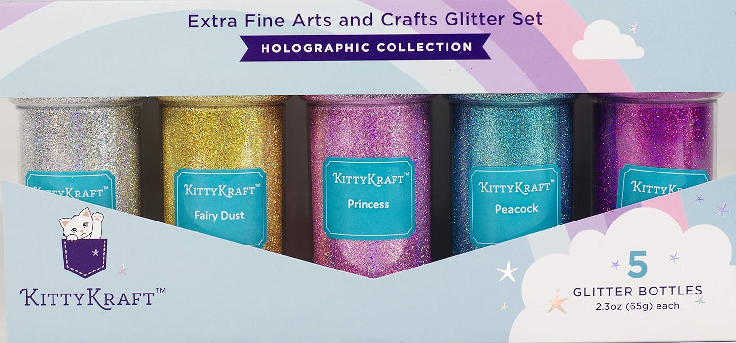 KittyKraft 5 Piece Extra Fine Glitter Set (Holographic Collection)- Includes Silver, Gold, Pink, Blue, and Purple Holographic Glitter- Perfect for Crafts and Slime
