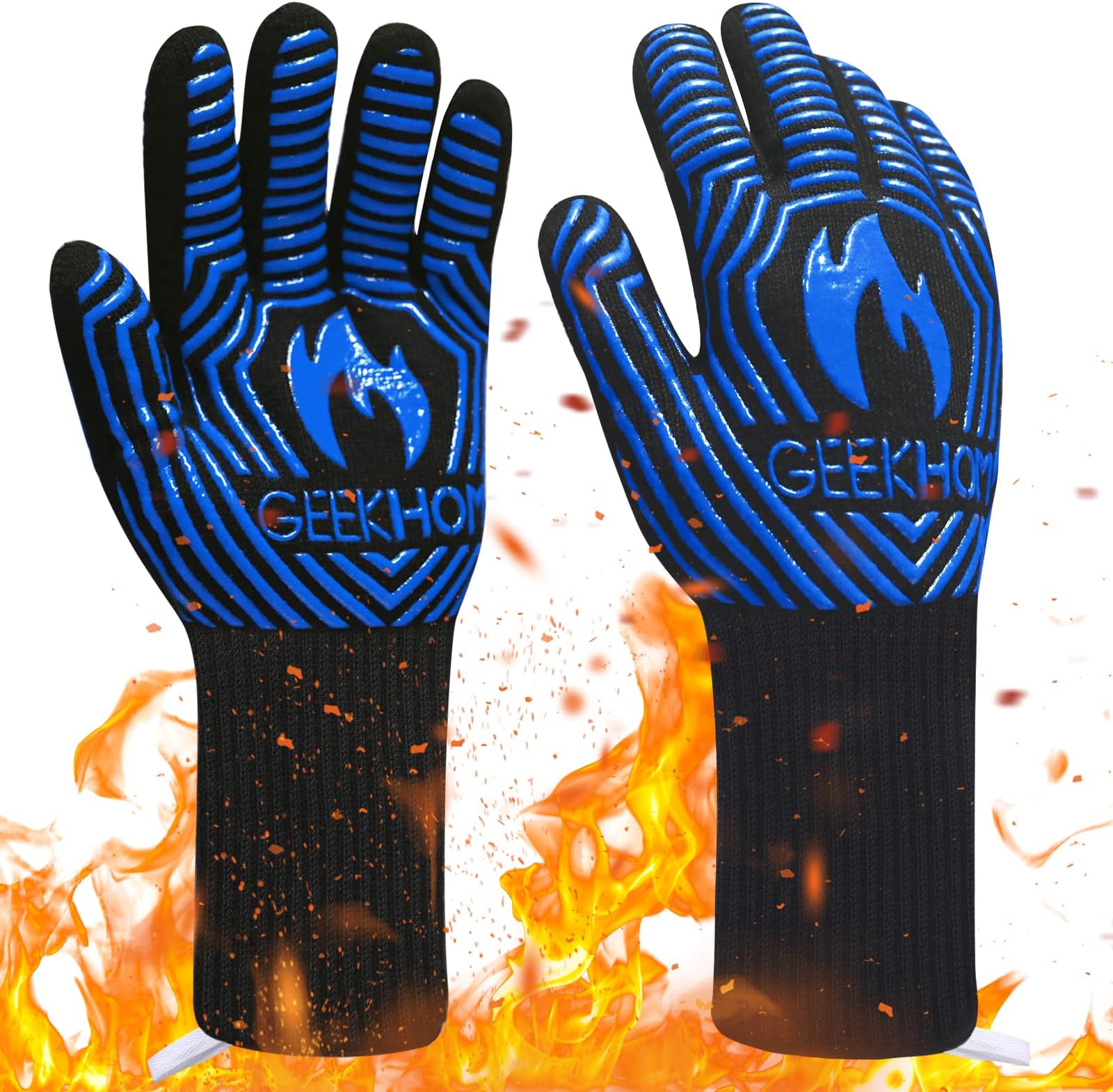 BBQ Gloves, 800 ℃ / 1432 ℉ Extreme Heat Resistant Oven Gloves with Fingers EN407 Certified Oven Mitts for Barbecue Grilling Kitchen Cooking Baking Welding Weber Fireplace Accessories