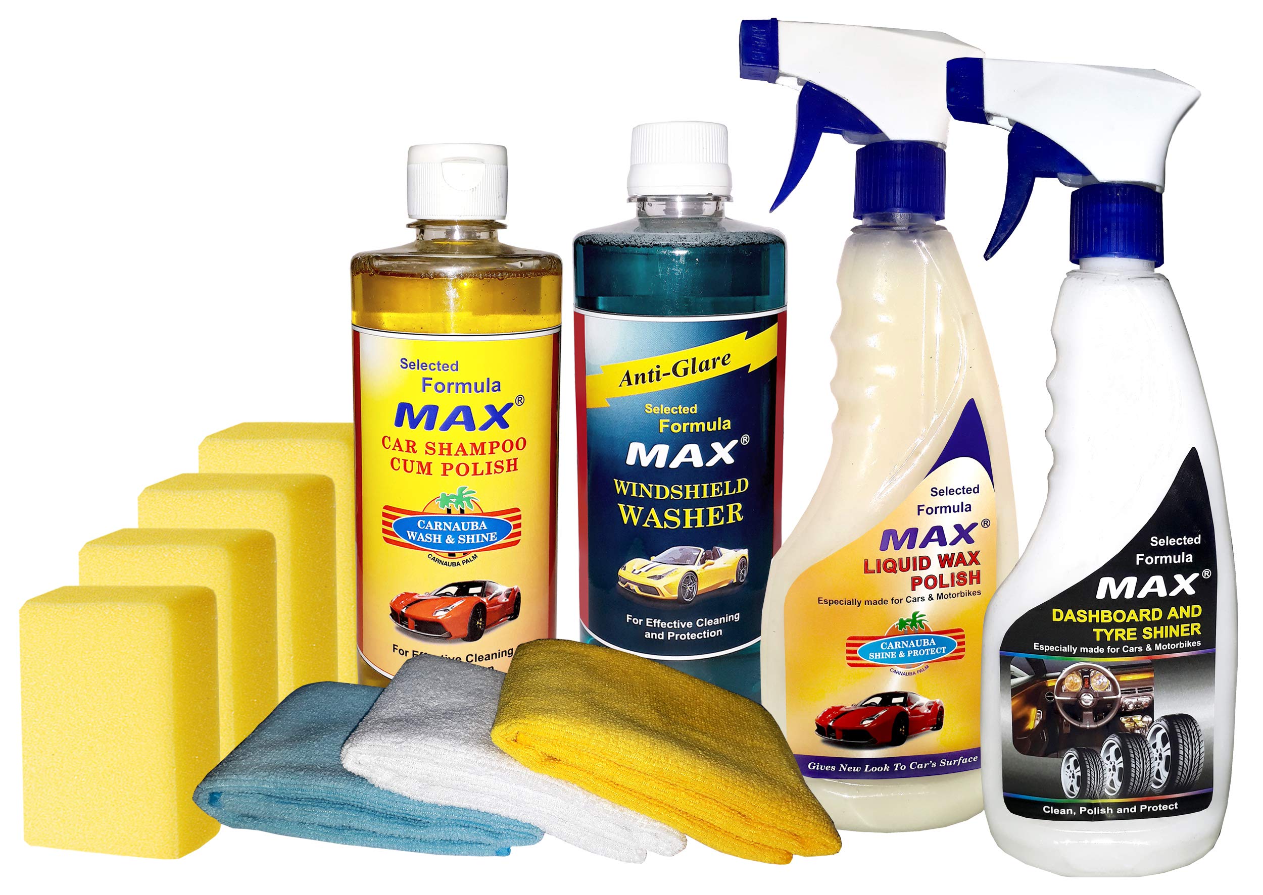 MAX Essential Car Wax plus Clean & Wash Kit - Contains 4 Products of 500 ml Each, 4 Foam Applicator and 3 Microfiber Cloths for Cleaning, Washing, Conditioning and Polishing Cars - Pack of 11 Pcs
