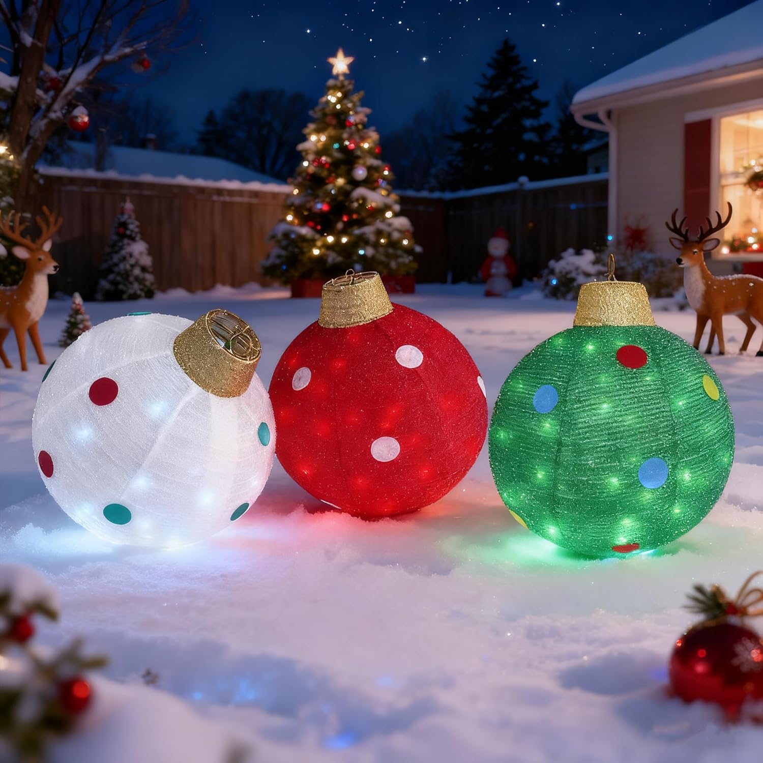 Christmas Lighted Balls Decorations 3 PCS Pre-Lit 150 LED Lights Pop-Up Glittered Lantern Outdoor Ornament Indoor Xmas Holiday Party Deocr for Home Yard Lawn Garden Porch, 18 Inch, Red & Green & White