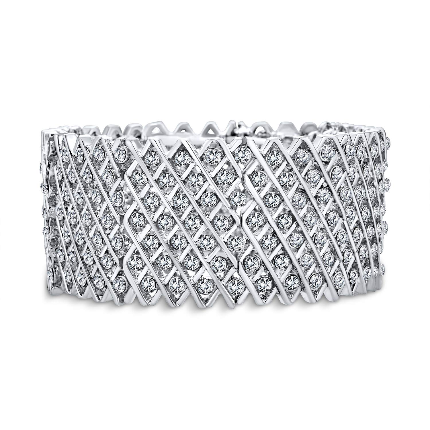 Bling JewelryBrides Wedding Fashion Wide Pink Rose Gold Plated White Crystal Encrusted Statement Stretch Bracelet for Women Teens Prom Adjustable