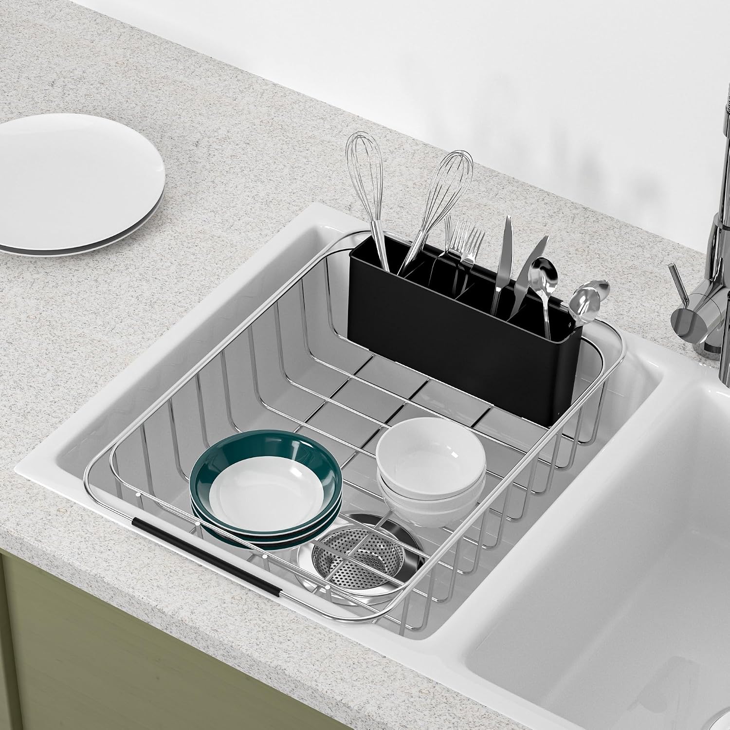 SANNO Dish Rack Utensil Holder, Hanging Cutlery Drainer Caddy with Hooks,10.08 x 2.28 x 4.33 inches 4 Compartment Flatware Organizer for Forks, Spoons, Knives, Fits Over Most Dish Drying Racks, Black