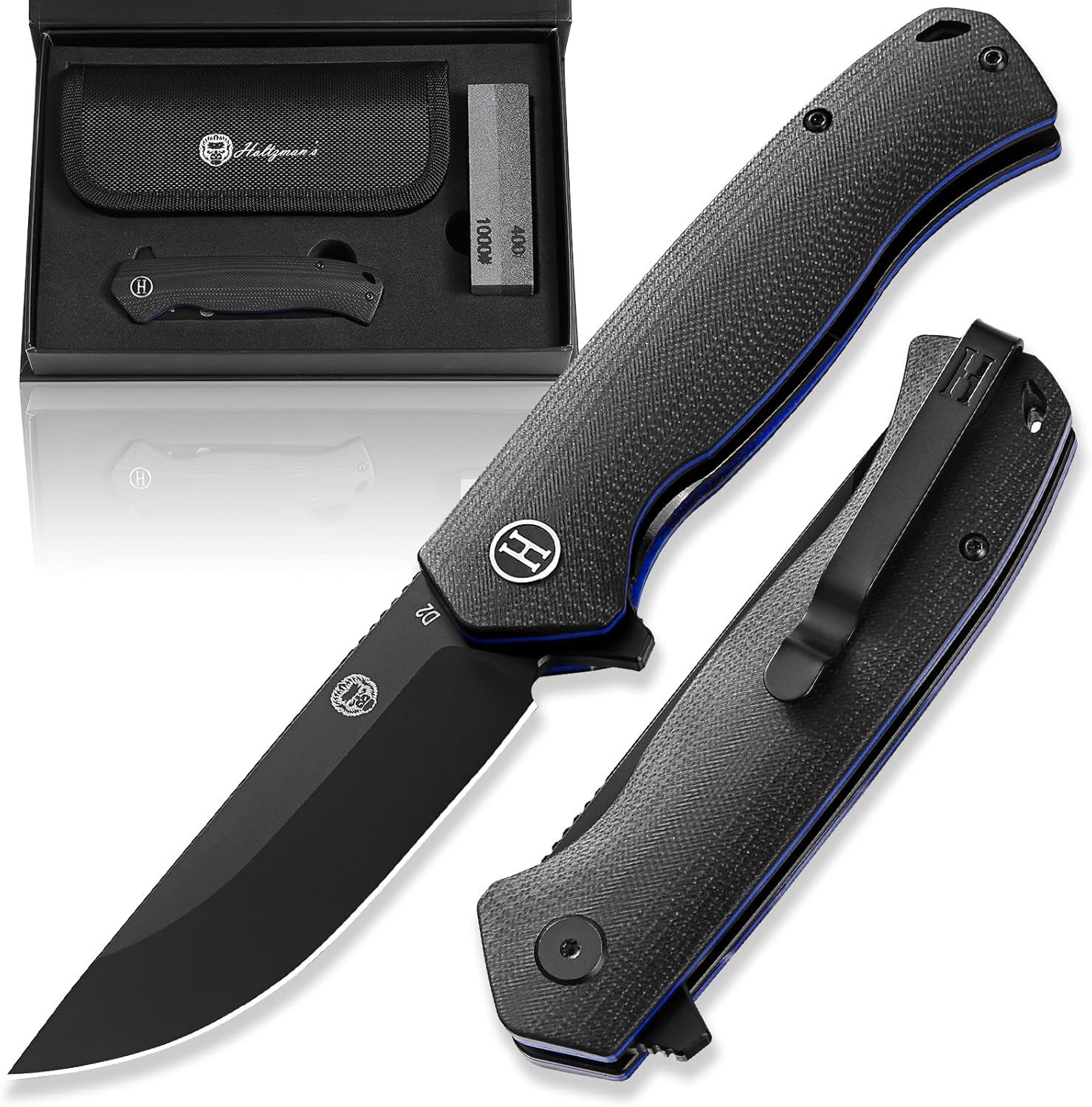 Holtzman's Gorilla Survival Pathfinder Folding Knife with G10 Handle and D2 Steel Blade, Gift Box Set (Black+Blue) - Ideal for Everyday Carry