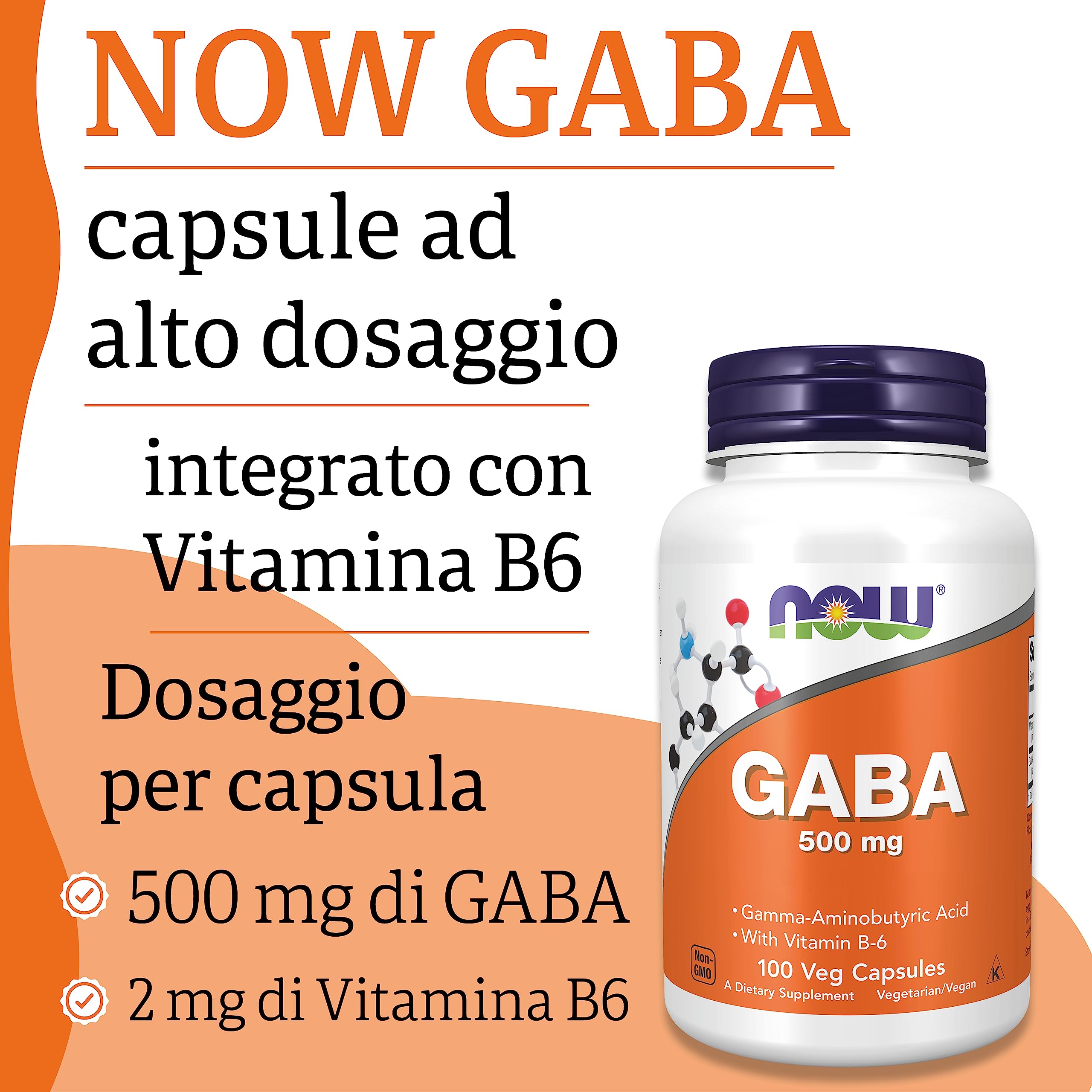 Now Foods, GABA, 500mg, 100 Capsule vegane, Testato in Laboratorio, Vitamina B6, Senza Glutine, Senza Soia, Vegetariano