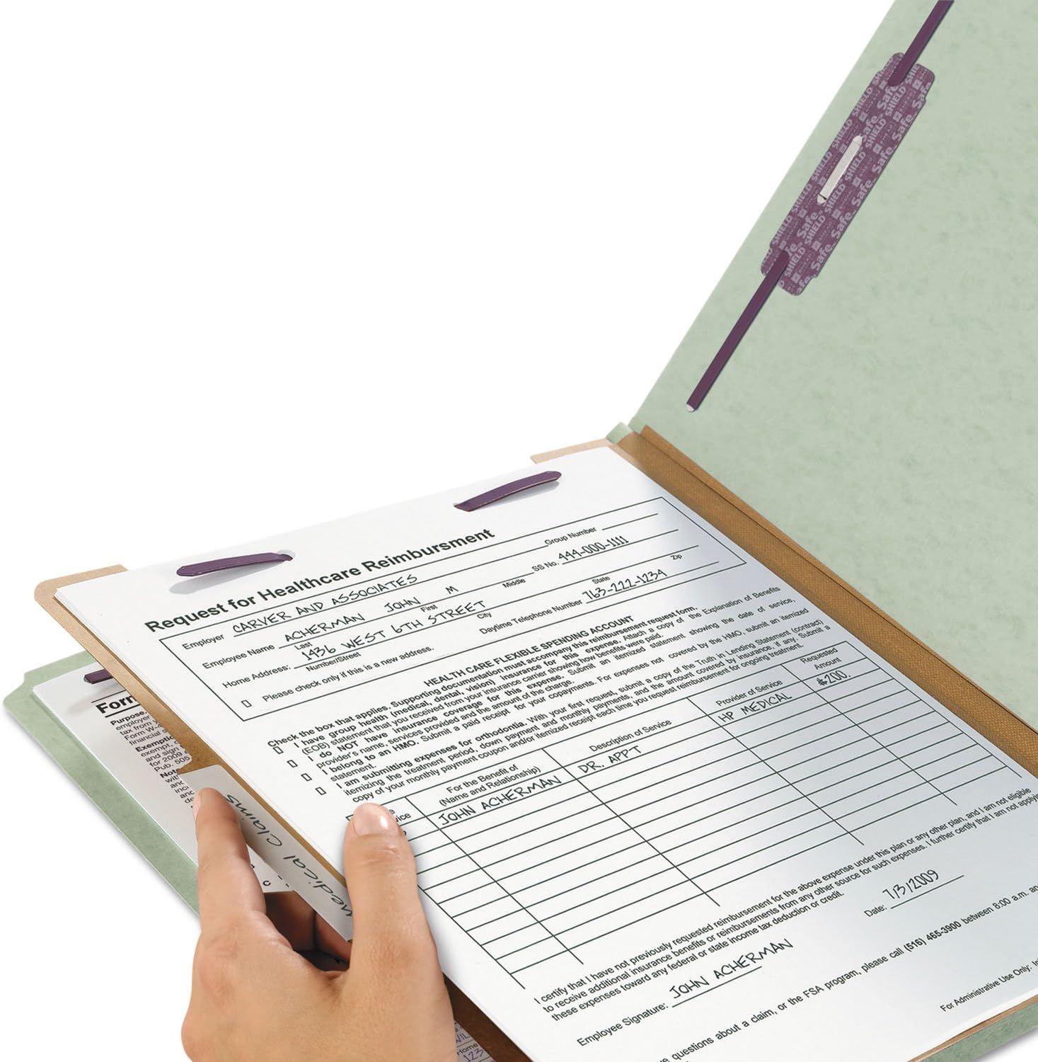 Smead Pressboard Classification File Folder with SafeSHIELD Fasteners, 1 Divider, 2" Expansion, Letter Size, Gray/Green, 10 per Box (13776)