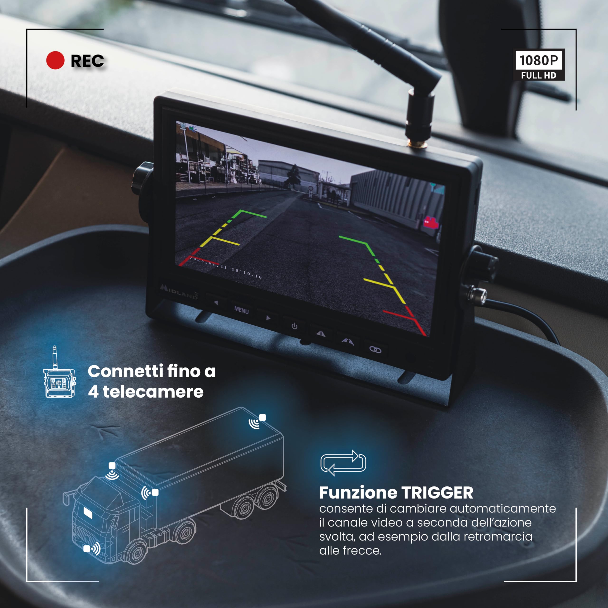 Midland - Dash Cam Camion Truck Guardian PRO, Retrocamera Camion per Manovra e Sorveglianza - Telecamera Senza Fili Retromarcia FullHD, Visione Notturna, 4 Telecamere, Registrazione SD