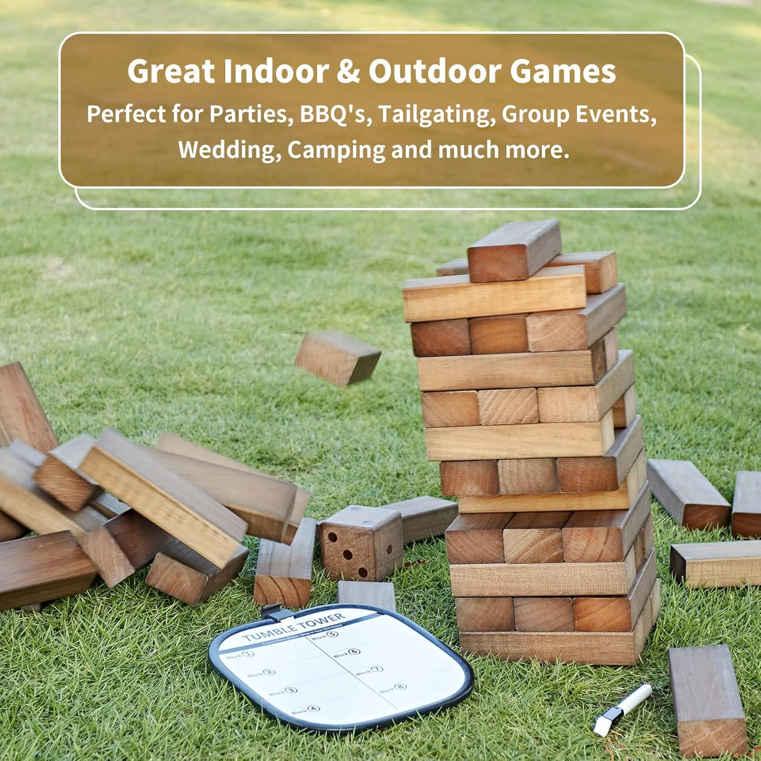 apudarmis 60 pcs giant tumble tower stack to 5ft, pine wooden stacking timber game with 1 dice set - classic block giant outdoor game for adults family (brown) l-stack to 5 ft brown