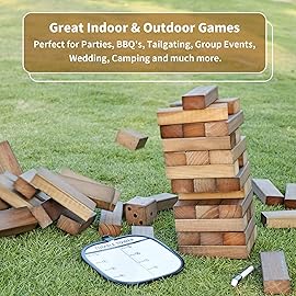 ApudArmis 60 PCS Giant Tumble Tower Stack to 5Ft, Pine Wooden Stacking Timber Game with 1 Dice Set - Classic Block Giant Outdoor Game for Adults Family (Brown)