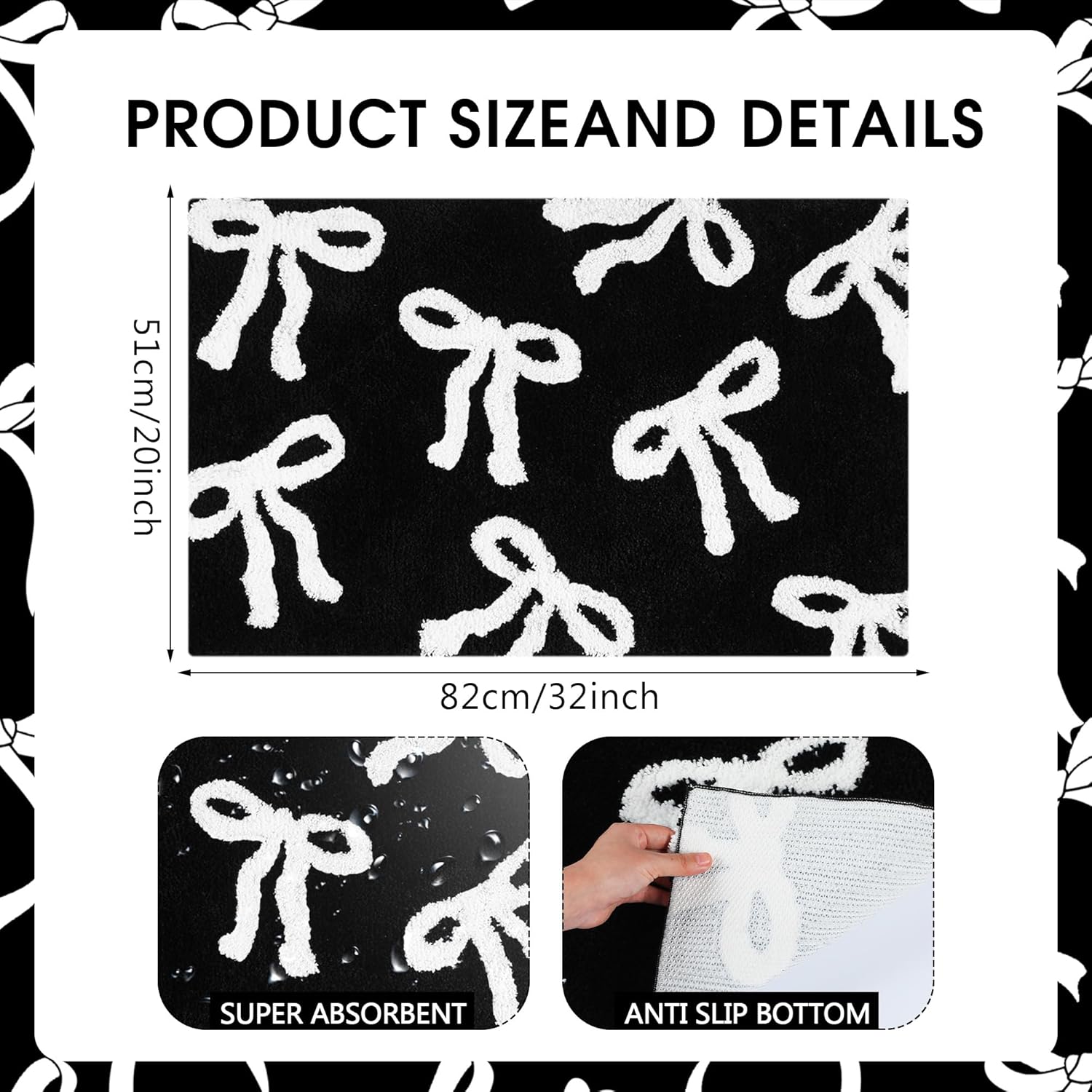 Tinideya Black Bow Bathroom Rug 20 x 32 Inch Coquette Cute Bath Mat for Bathroom Non Slip Absorbent Bow Bath Mat for College Dorm Vanity Shower Bedroom Kitchen Bedroom Decor Valentine's Day Gifts