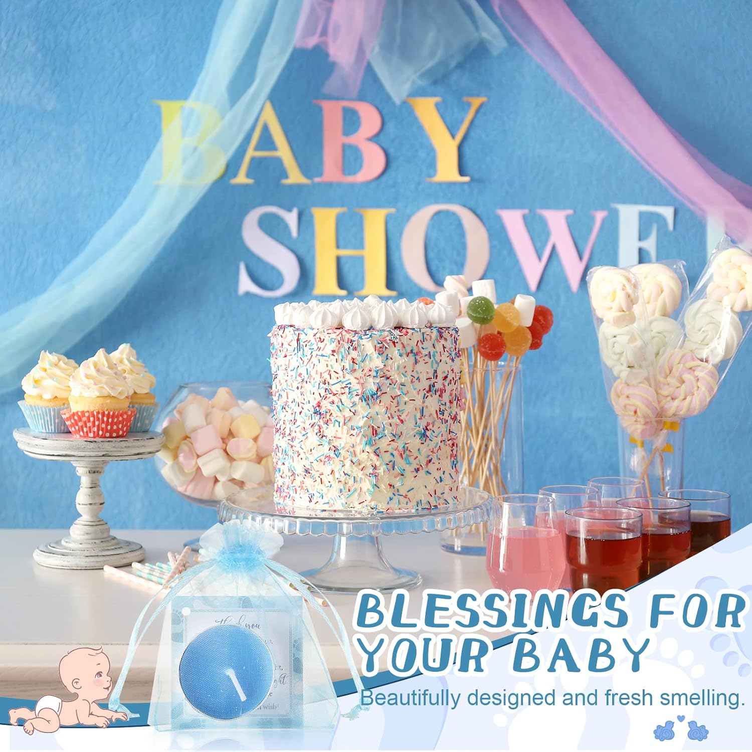 50 Sets Baby Shower Party Favors Including 50 Pcs Unscented Tealight Baby Shower Candles Gift Bags Cards for Gender Reveal Party Supplies(Blue)