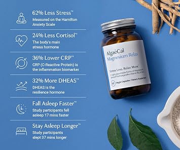 AlgaeCal Magnesium RelaxTM Chelated Magnesium Glycinate 350mg with Sensoril Ashwagandha, Magnesium Supplement for Sleep & Stress, Cortisol Reducer for Women & Men, 60 Capsules (4 Packs)