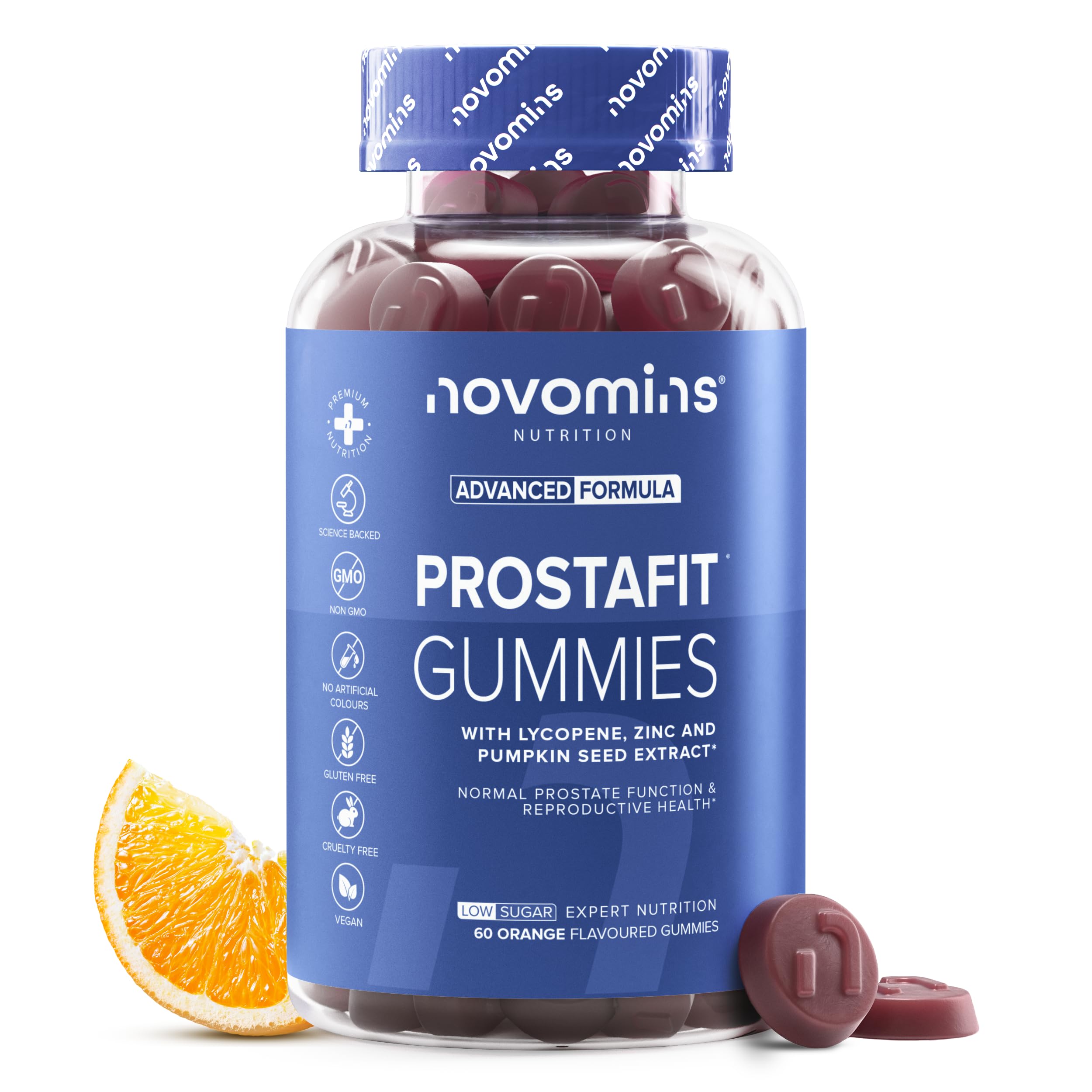 Prostafit Gommose Uomo - con Saw Palmetto, Semi di Zucca, Ortica, Zinco e Selenio - Testosterone e Fertilita (Zinco), Spermatogenesi (Selenio) - 60 Gommose Gusto Arancia - Novomins