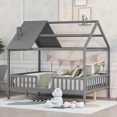 MERITLINE Cama de casa para niños tamaño matrimonial marco de cama de madera para niños con techo chimenea y valla cama de plataforma para niños