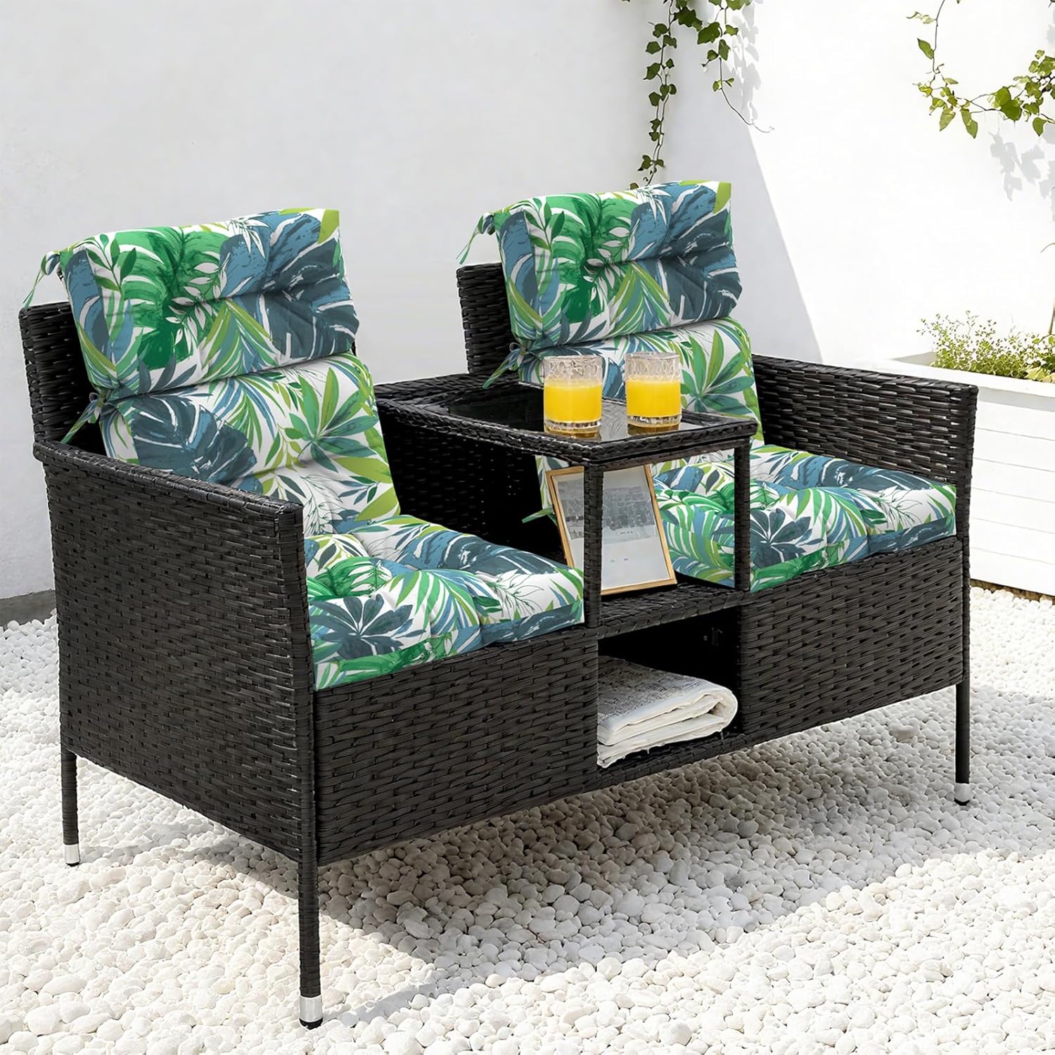 LVTXIII Outdoor Seat/Back Chair Cushion Patio Tufted High Back Cushion, Seasonal Replacement Rocking Chair Cushion with Ties (22” W x 20D”, Set of 2, Islamorada Blue Green)