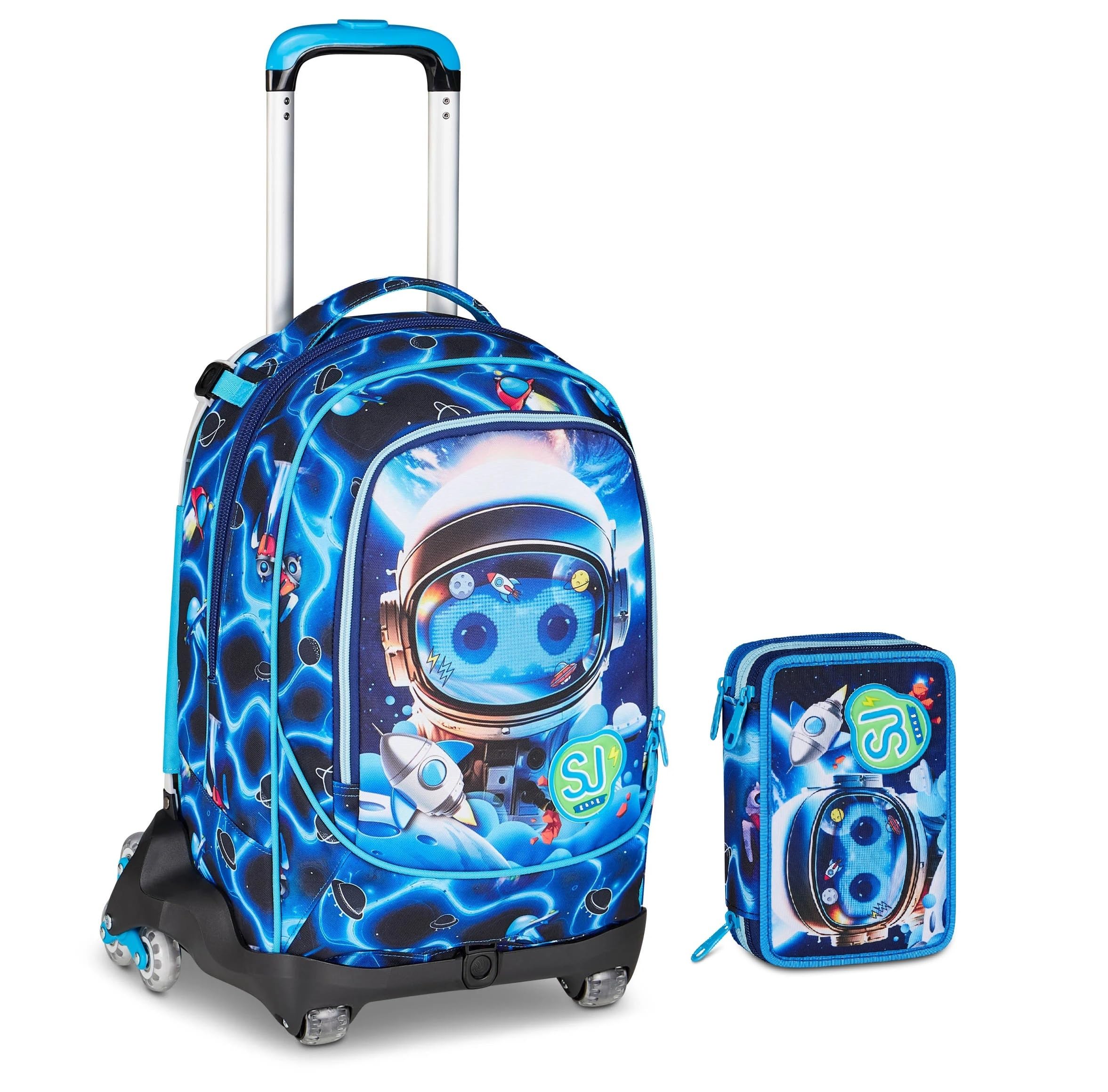 Trolley Scuola primaria Seven Sj Boy, 8 Ruote con zaino staccabile - Space Led Boy Astronauta, 3 in 1 per Bambino + Astuccio 3 zip con cancelleria + 7 penne a scatto e portachiave fischietto