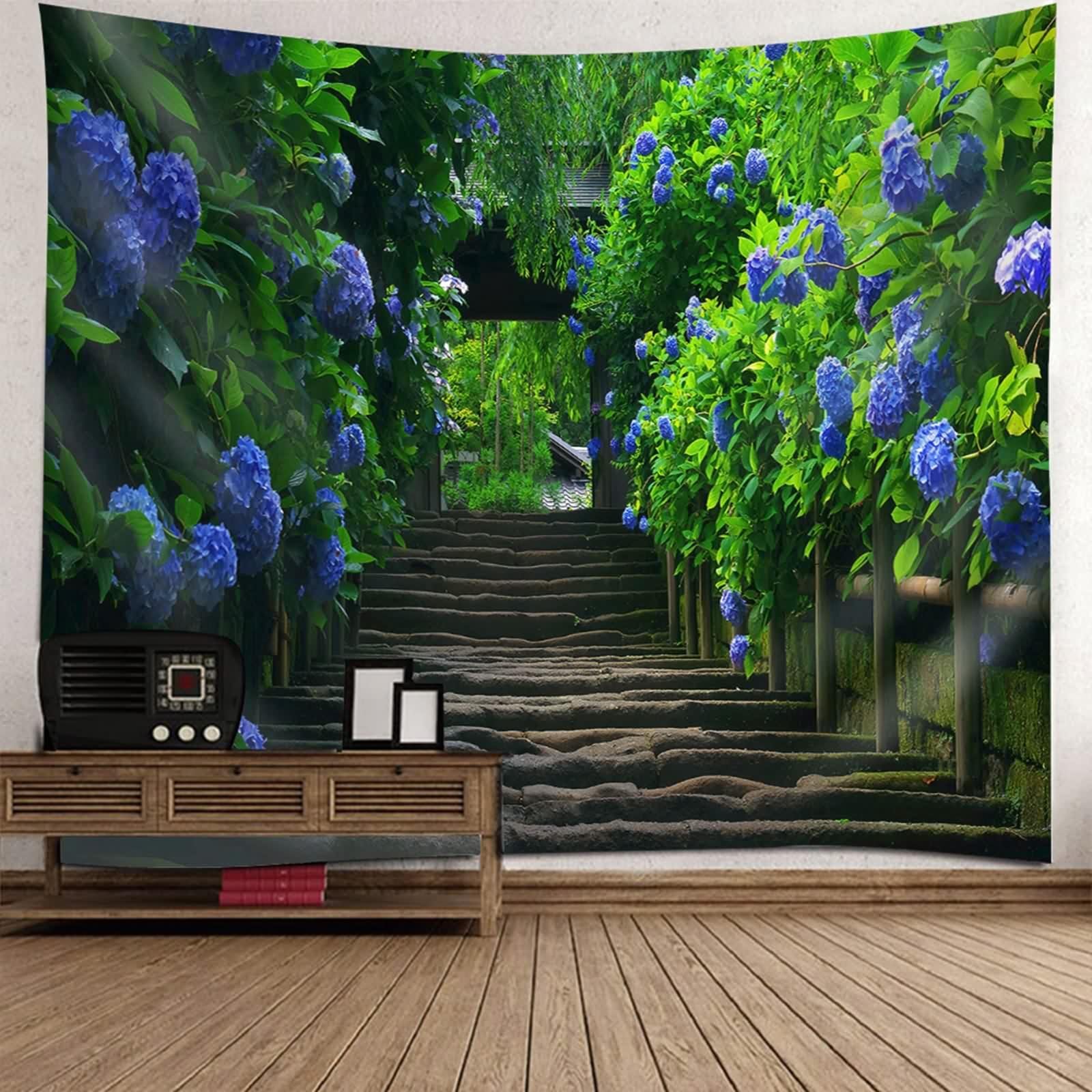 Tapisserie paysage nature 240x220 cm chemin de fleurs décor marron vert violet