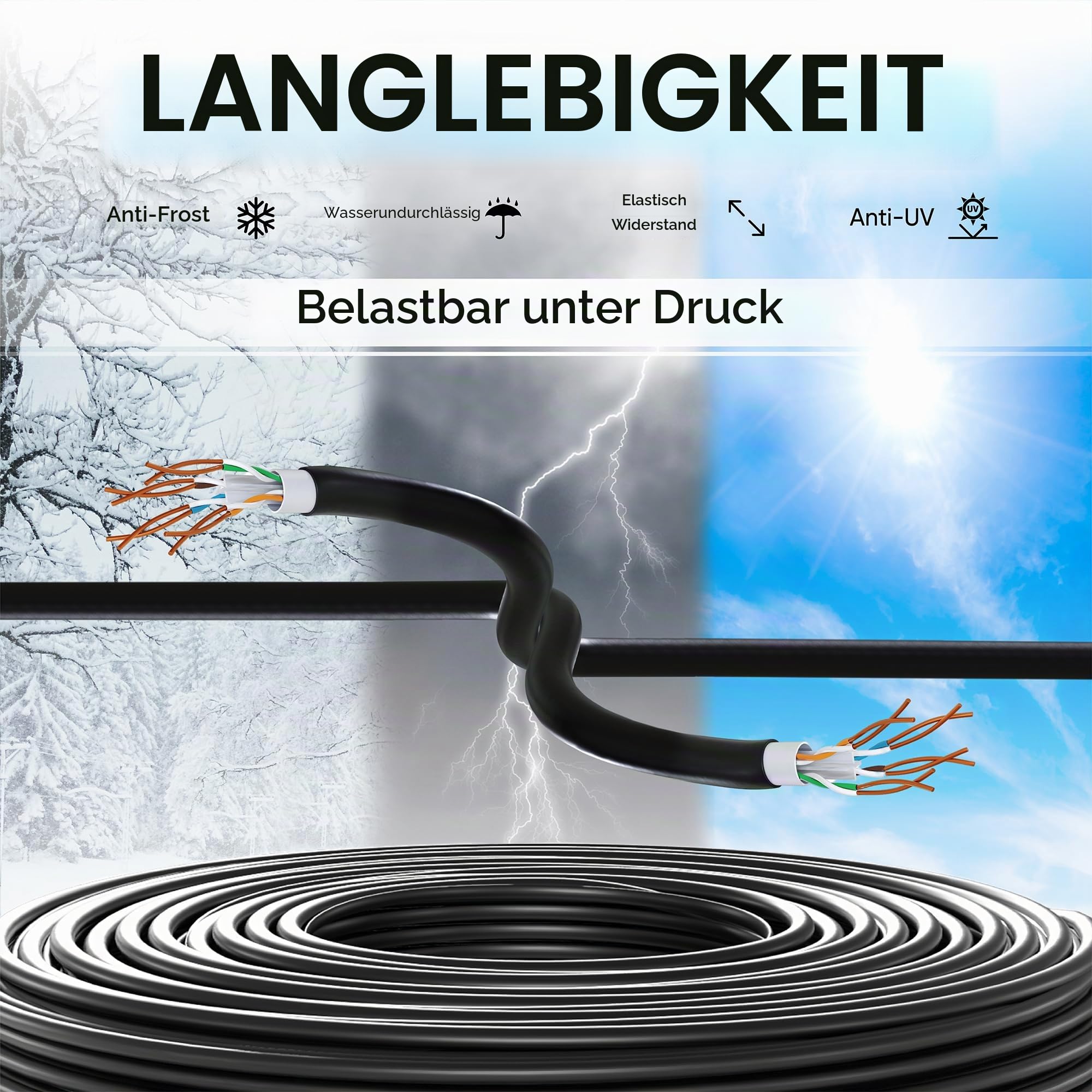 Mr. Tronic Außen wasserdicht 100m Ethernet Netzwerkkabel Cat 6, LAN Netzwerkkabel Für Schnelle & Zuverlässige Internet, AWG24 Massenkabel Cat 6, 1 Gbps 250 Mhz UTP CCA Bulk Kabel (100 Meter, Schwarz)