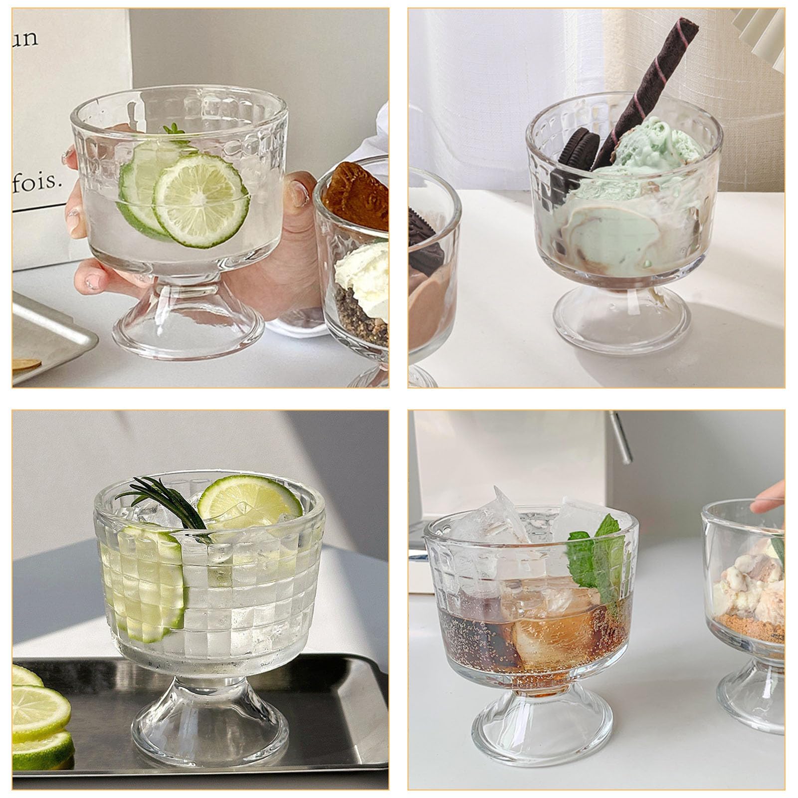 Nexboraque 6 Stück Dessertbecher aus Glas mit Fuß, 284 ml, Eisbecher, Kristall, Vintage, Trifle-Becher mit schwerem Boden für Eisbecher, Eis, Obst, Parfait, Snack