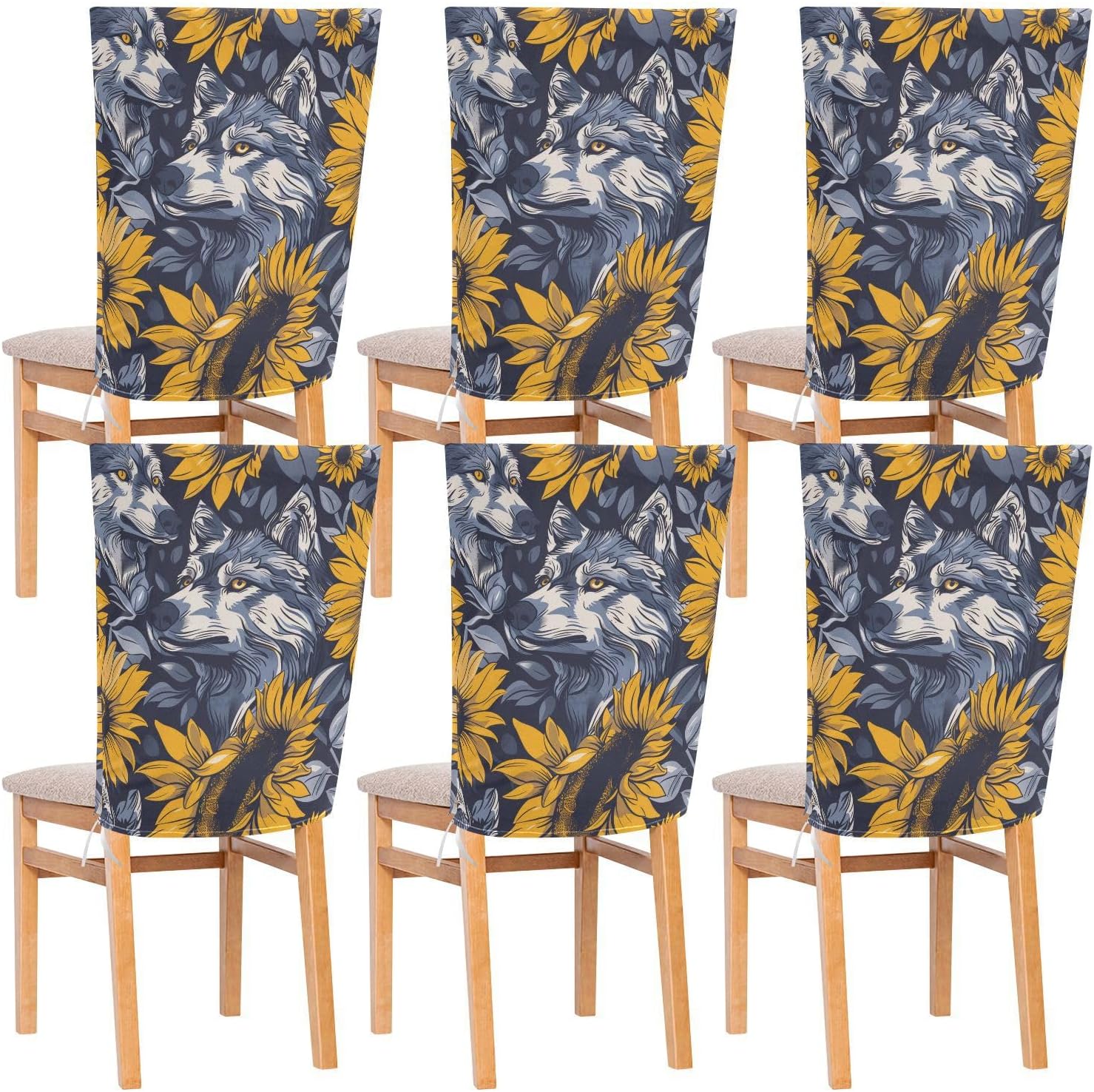 ALAZA Wolf Sunflowers Chair Back Cover Set of 6, Washable Reusable Removable Chair Slipcovers Decorative Chair Cover for Home Kitchen Wedding Party