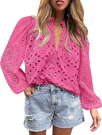 BETTE BOUTIK Women's Long Short Sleeve Tops 2025 Dressy Casual Button Hollow Out Lace Embroidered Blouses Shirts