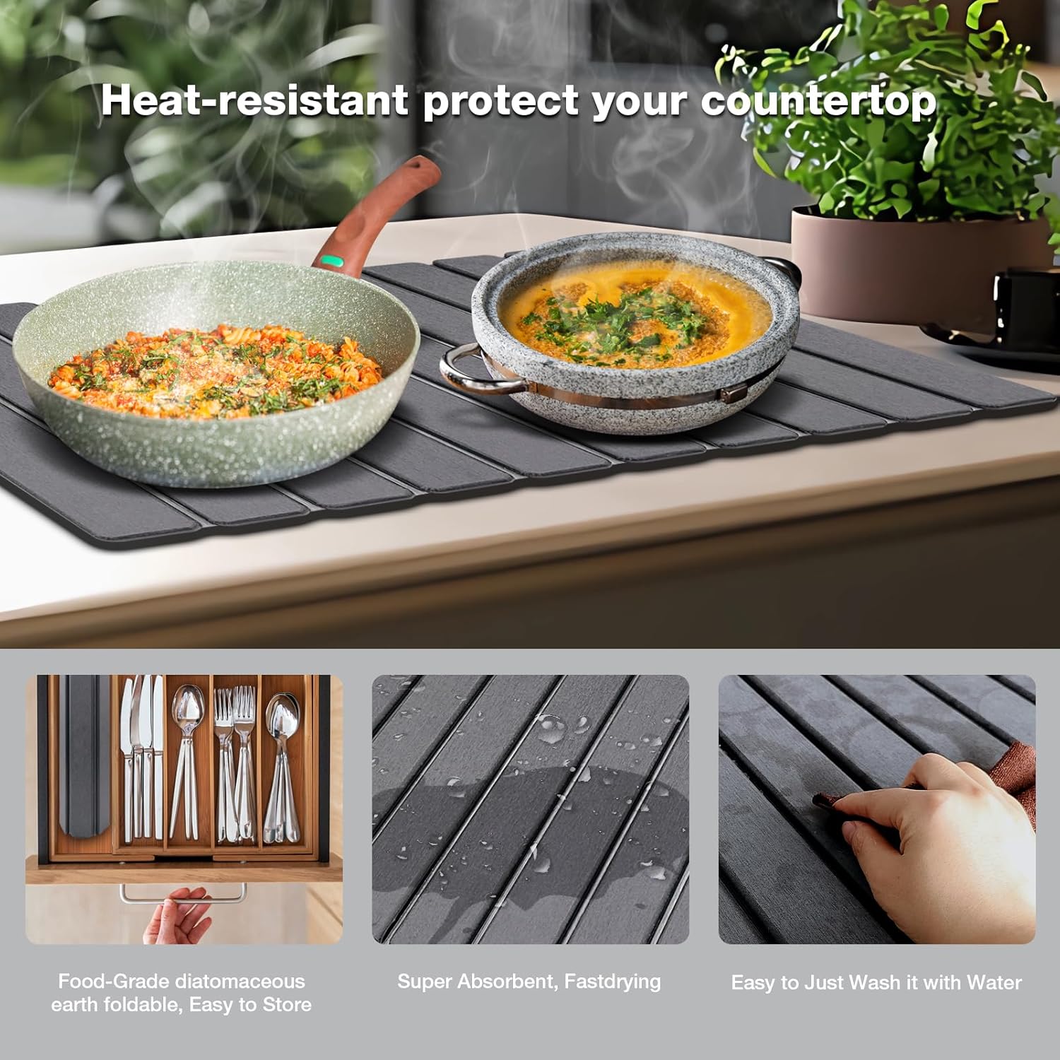 Large Diatomite Kitchen Counter Drying Mat – 24”x16”, Aesthetic Stone Mat for Dishes, Roll-Up Space-Saving & Quick-Drying Stone Rack