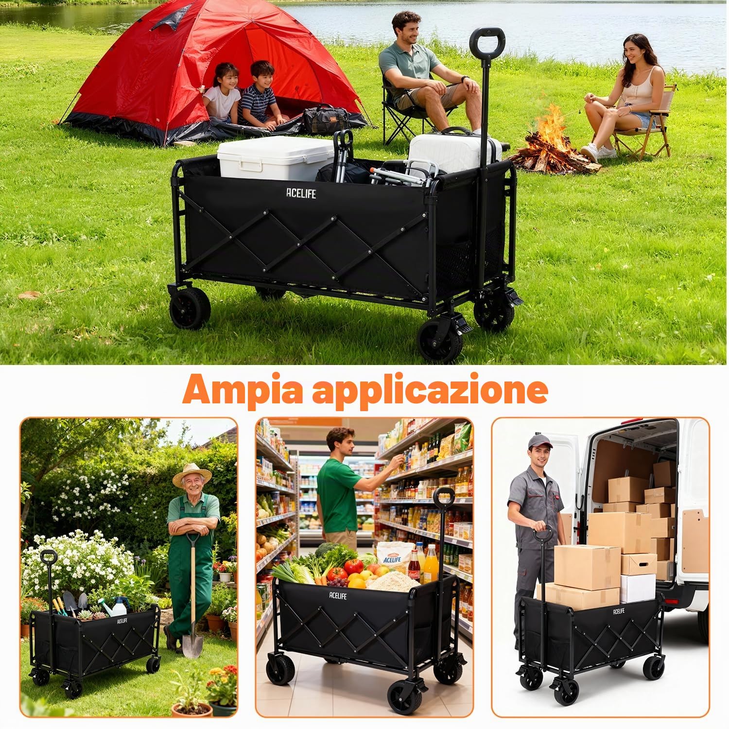 Carrello Pieghevole su Ruote, ACELIFE 150L carrello da spiaggia Con Ruote Rimovibili Braccioli Regolabili e Sacchetti per Tazze 150 kg portata per campeggio, giardino, esterni