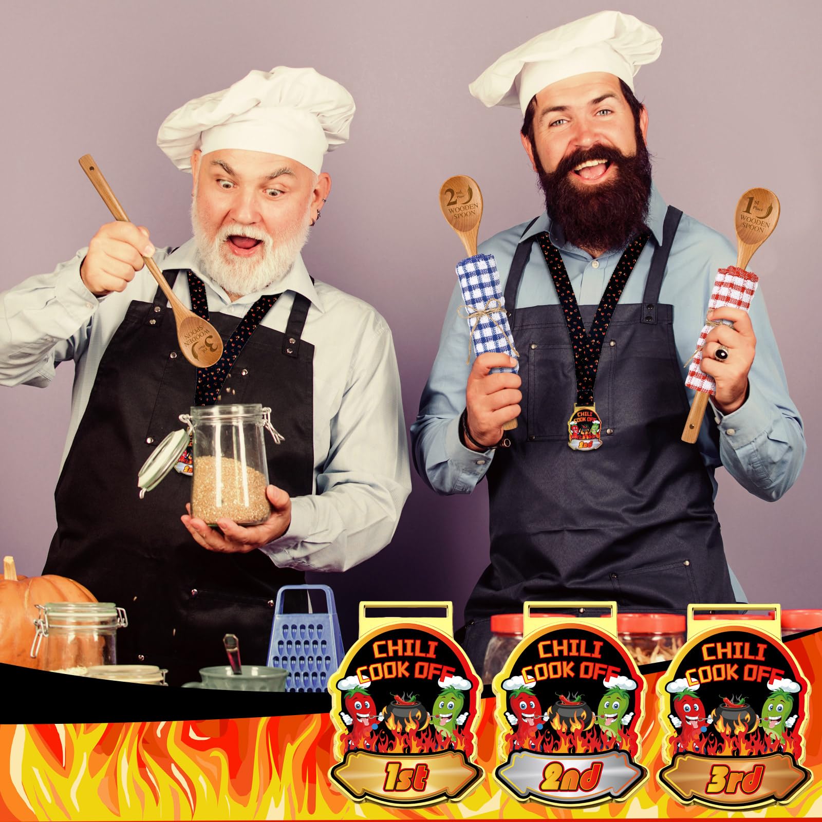 Quelay 9-teiliges Chili-Kochtrophäen-Set, Metallmedaillen, Holzlöffel zum Kochen, Baumwolltücher, Chili-Kochen, Dekorationen, Kochen, Geschenke für Männer, Frauen, Festivalbedarf