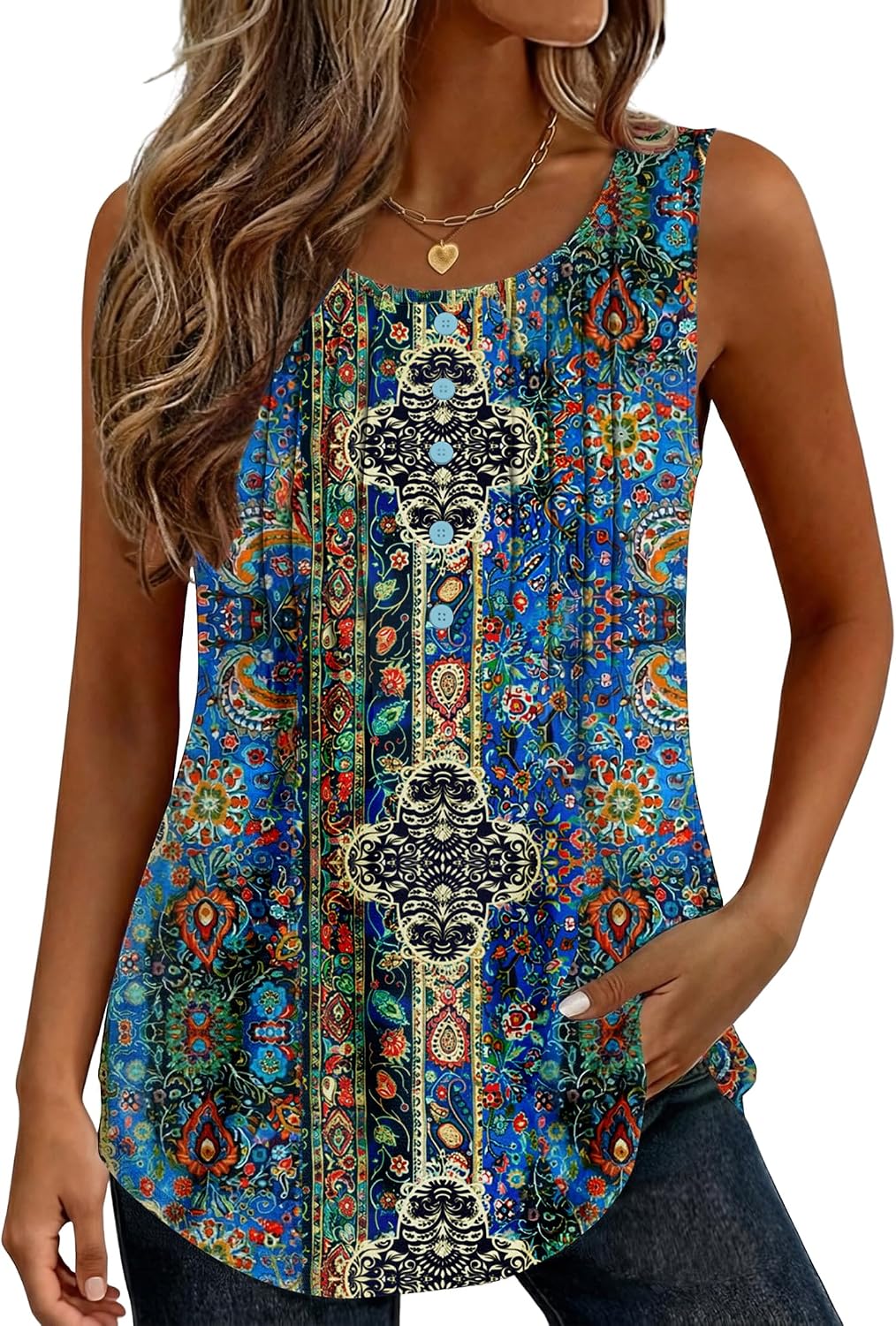 Womens Tank Tops 2026 Summer Loose Fit Crew Neck Boho Tunic Pleated Babydoll Sleeveless Shirts with Button Detail