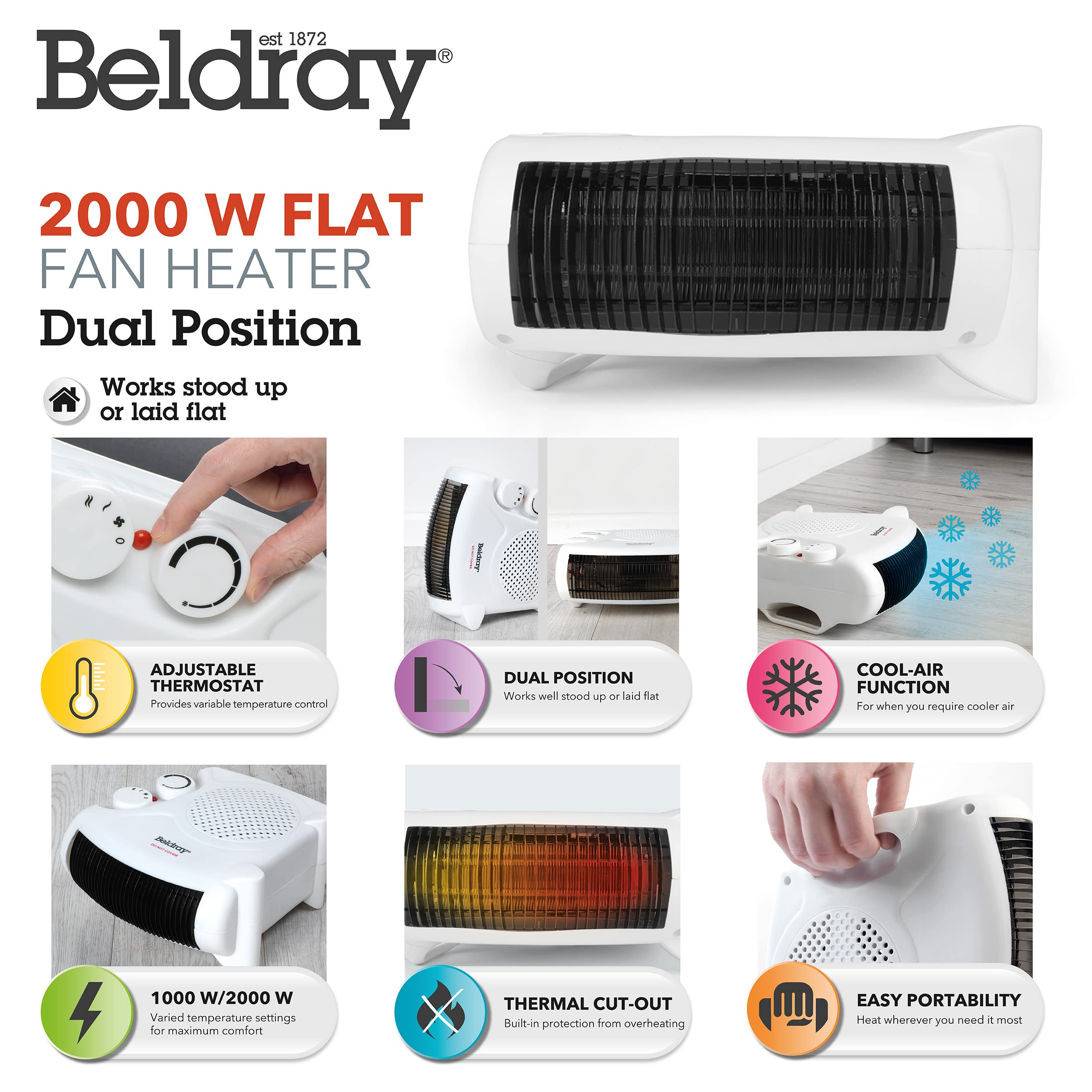 Beldray EH0569SSTK Electric Flatbed Fan Heater – Upright Heater with 2 Heat  Settings and Cool Air Function, Adjustable Thermostat, Overheat Protection,  Dual Position, Portable Carry Handle, 2000 W : Amazon.co.uk: Electronics u0026  Photo