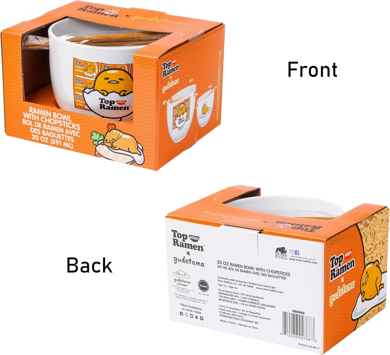 Silver Buffalo Sanrio Gudetama Lazy Egg Nissin Top Ramen Ceramic Ramen Bowl with Chopsticks | Microwave Safe Noodle Bowl, 20 Oz | Cute Gudetama Design | Perfect for Ramen & More