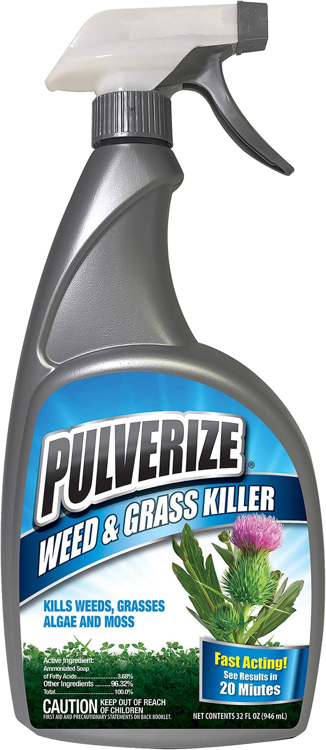 Pulverize Weed and Grass Killer Spray - Fast-Acting, Non-Selective Herbicide for Lawns, Gardens & Driveways - No Glyphosate & Non-Staining Formula - Kid & Pet Safe - 32oz Trigger Bottle
