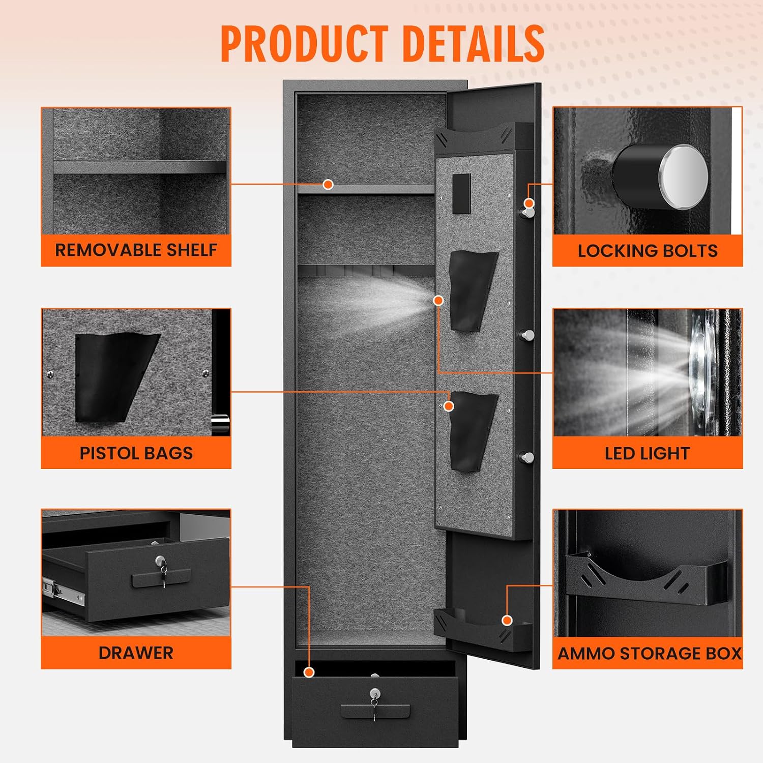 Gun Safe, 4-5 Gun Rifle Safe for Home Rifle and Pistols, Quick Access Gun Safes with Drawer, Removable Shelf and Pistol Bags, Digital Keypad Gun Safe with Adjustable Gun Rack
