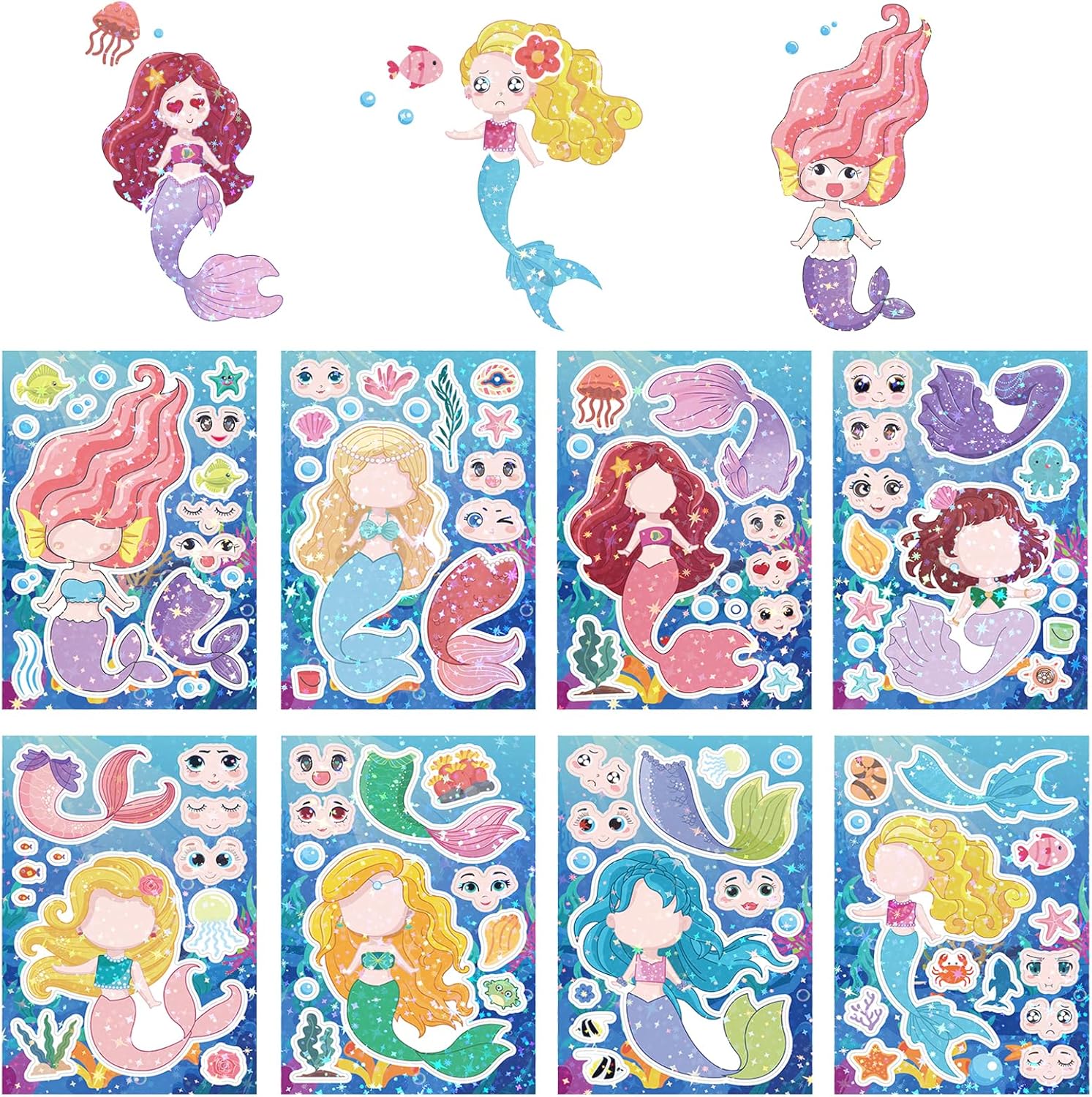 Make-A-Face Stickers for Kids – 8 Sheets in 1 Reusable Waterproof Removable DIY Creative Play Set, Educational Party Favor Gift for Notebook, Travel & Classroom Fun (Mermaid Theme)