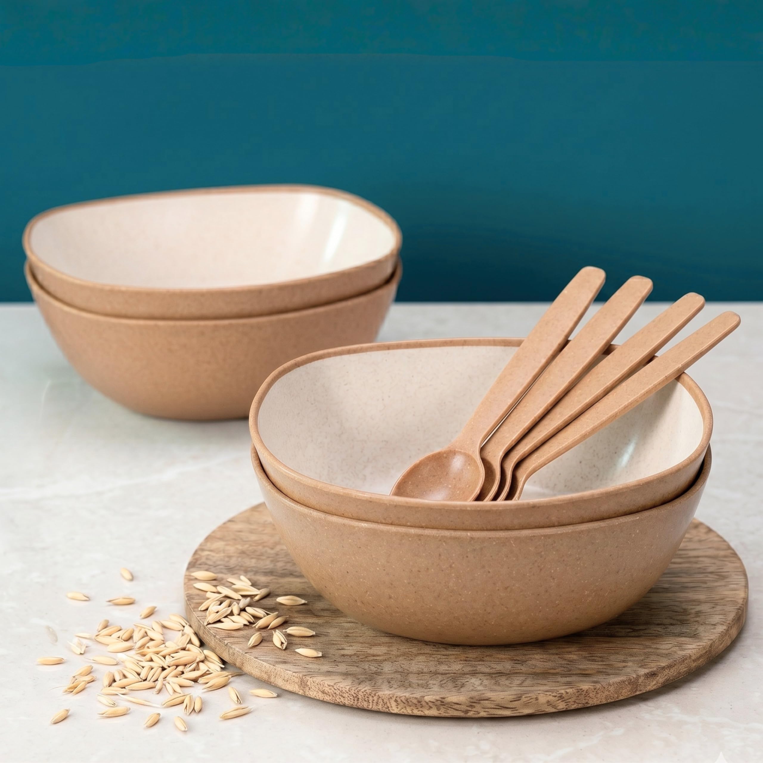 Eha Set of 4 Earth-Friendly Multipurpose Bowls for Kitchen | 600 ml | Made with Bamboo Fibers & Rice Husk | Microwave Safe Bowl | for Hot & Cold Serving Bowl Set | Tortilla