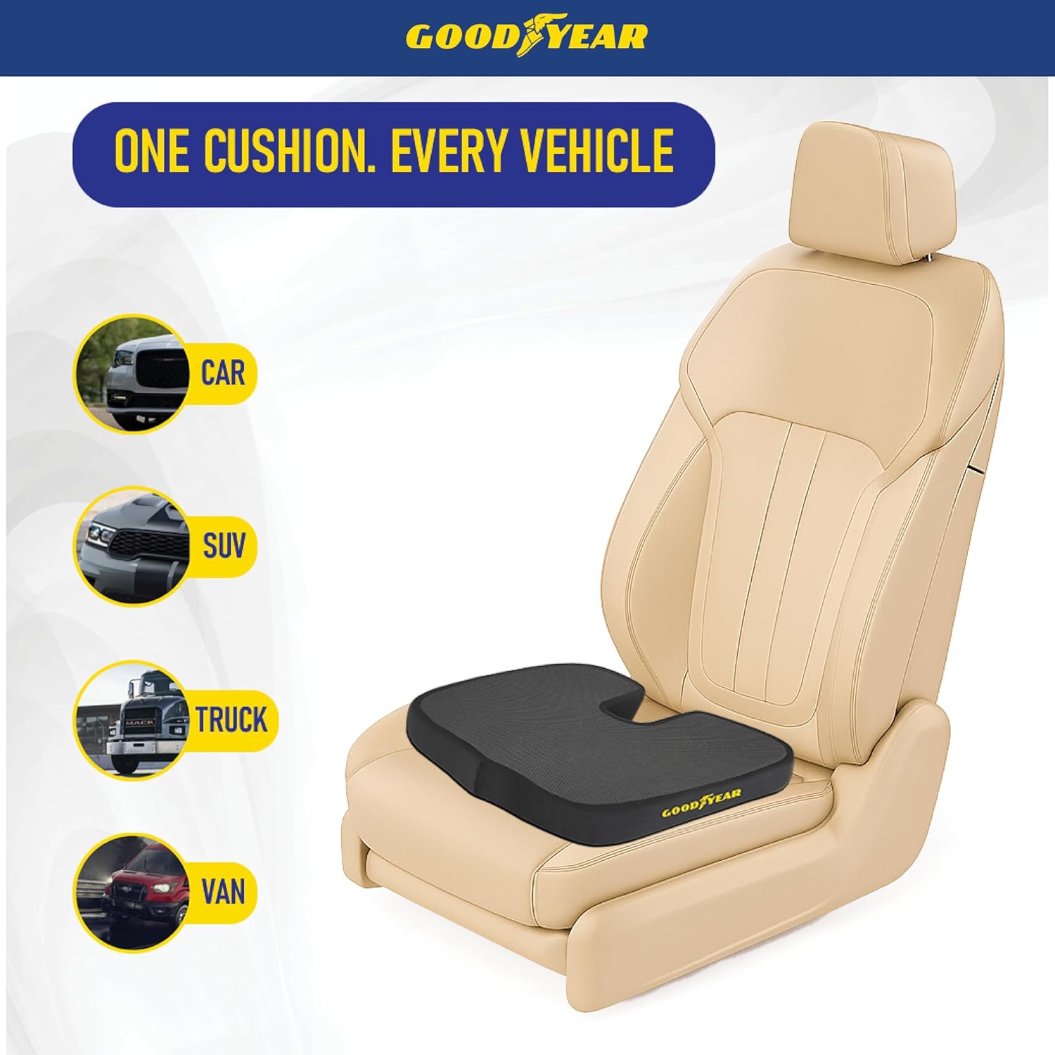 Goodyear Memory Foam Seat Cushion for Car & Office Chair – Tailbone Pain Relief, Cooling Pillow, Ergonomic Posture Corrector, Car Accessories & Home Office Essentials