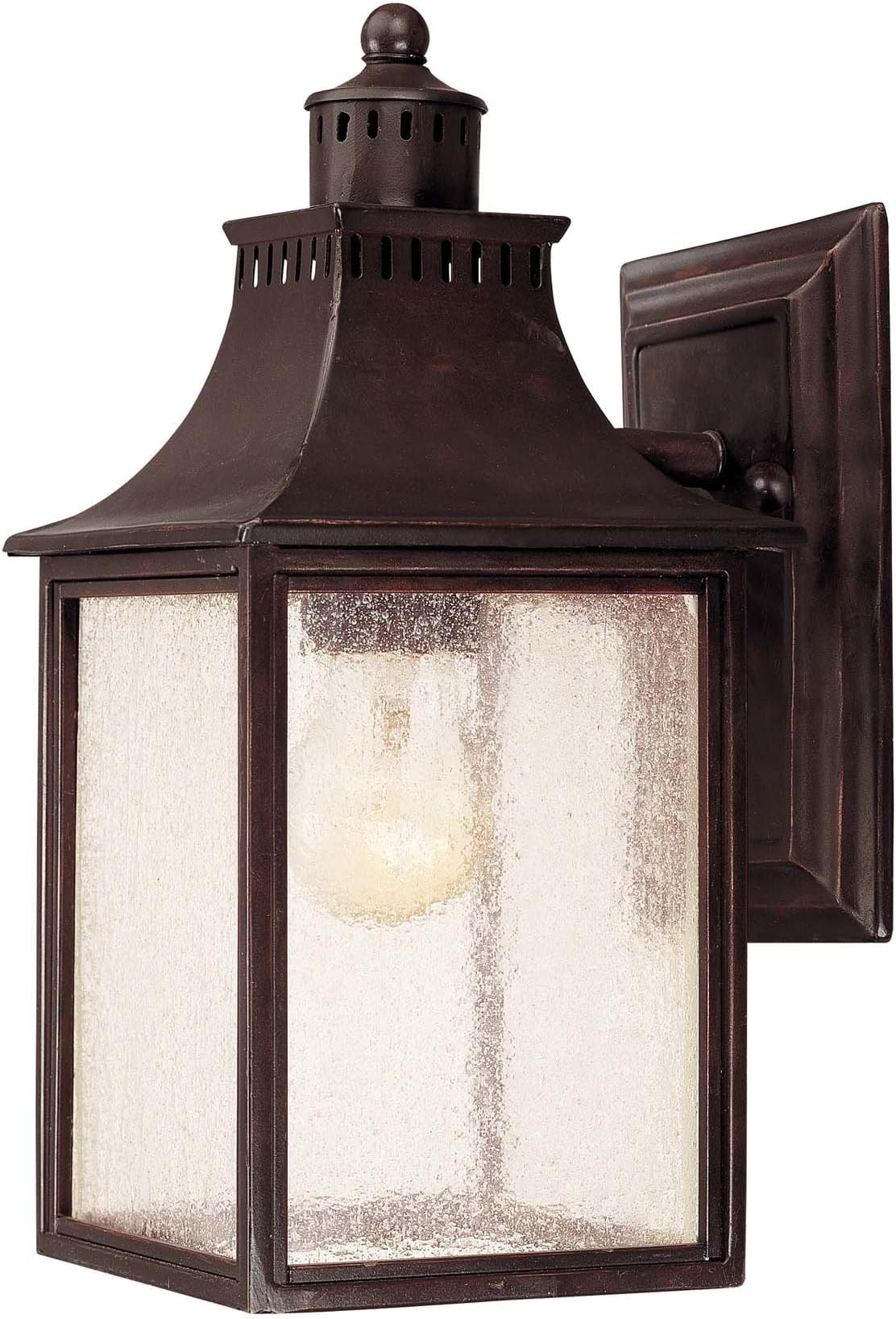 5-254-13 Monte Grande Modern Farmhouse Rustic Pale Cream Seeded Glass Outdoor Wall Lantern, 1-Light 40 Watt, 12" H x 6" W, English Bronze
