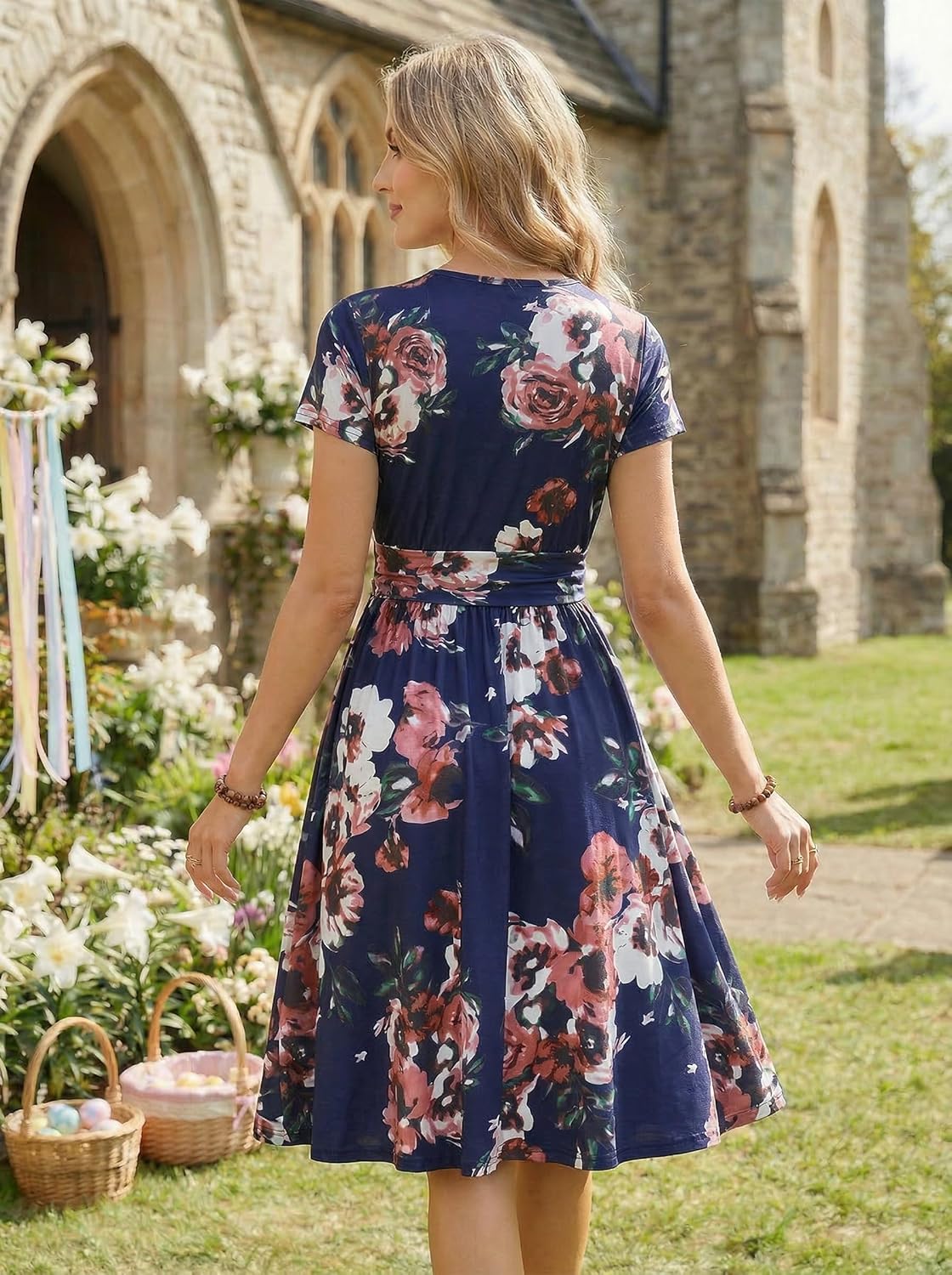 OUGES Casual Summer Dress for Women Wrap V Neck A Line Midi Dresses with Pockets