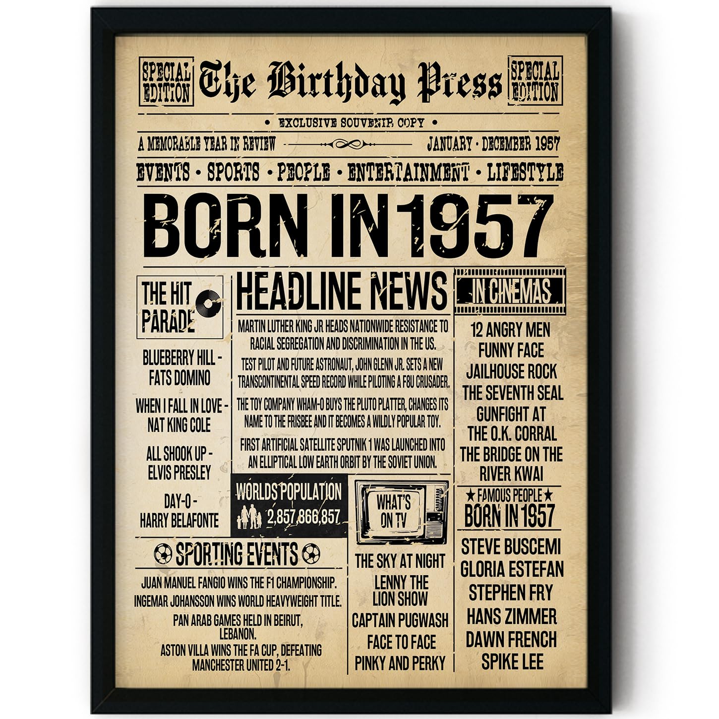 Stuff4 Women's 1957 69Th Birthday Poster Framed - Born In Vintage Newspaper - Happy 69Th Birthday Gifts For Men Retro Back In 8X10 Inch Decor Decoration Bday Party