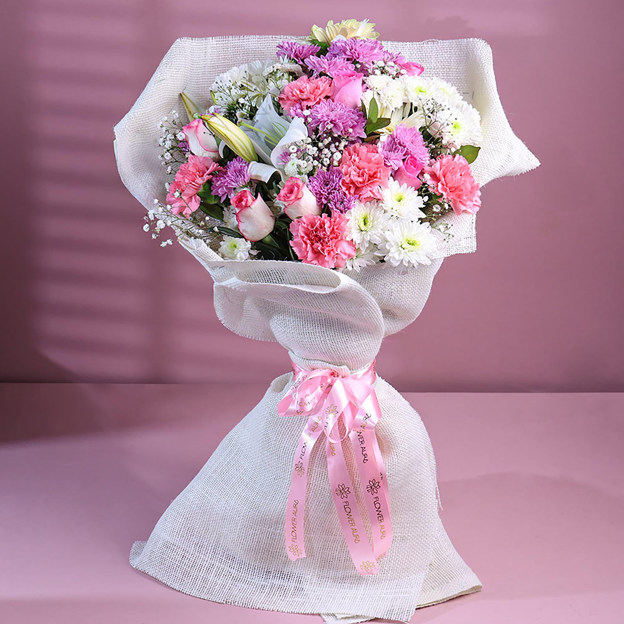 FlowerAura Romantic Fresh Live Flower Bouquet of 5 Carnation, 6 Roses, 7 Daisy & 1 Lily In Jute Packing Gift For Birthday | Anniversary | Love Surprise | Rose Day | Valentine's Day (Same Day Delivery)-image-23